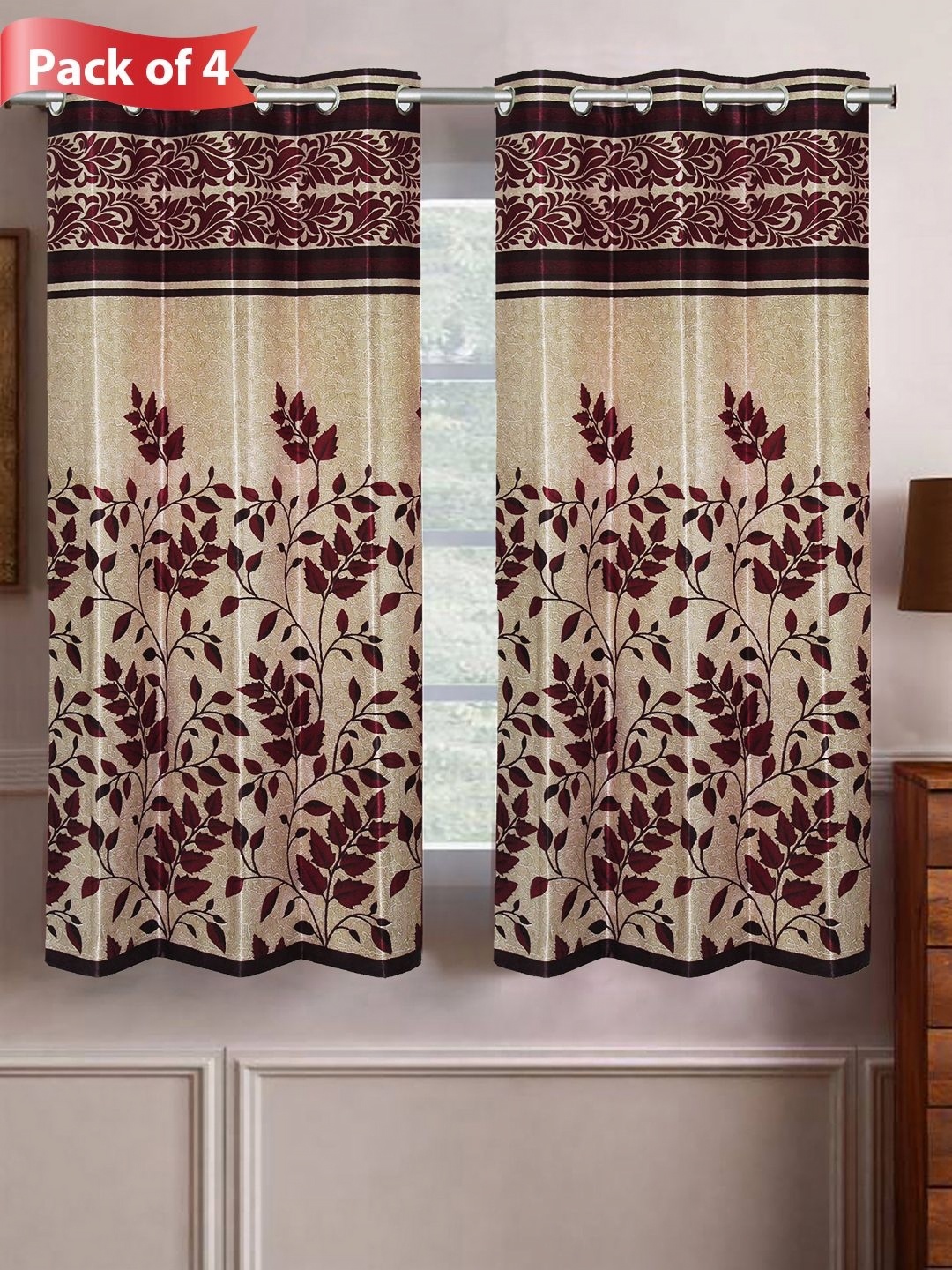 

Aura Maroon & Gold-Toned Set of 4 Floral Room Darkening Window Curtains