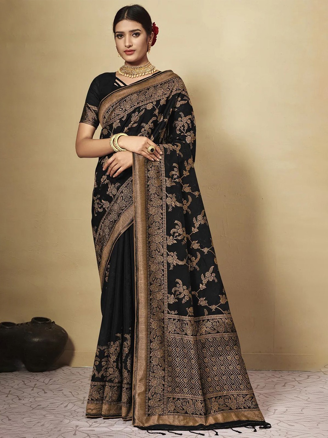 

Jinal & Jinal Woven Design Zari Pure Cotton Chanderi Saree, Black