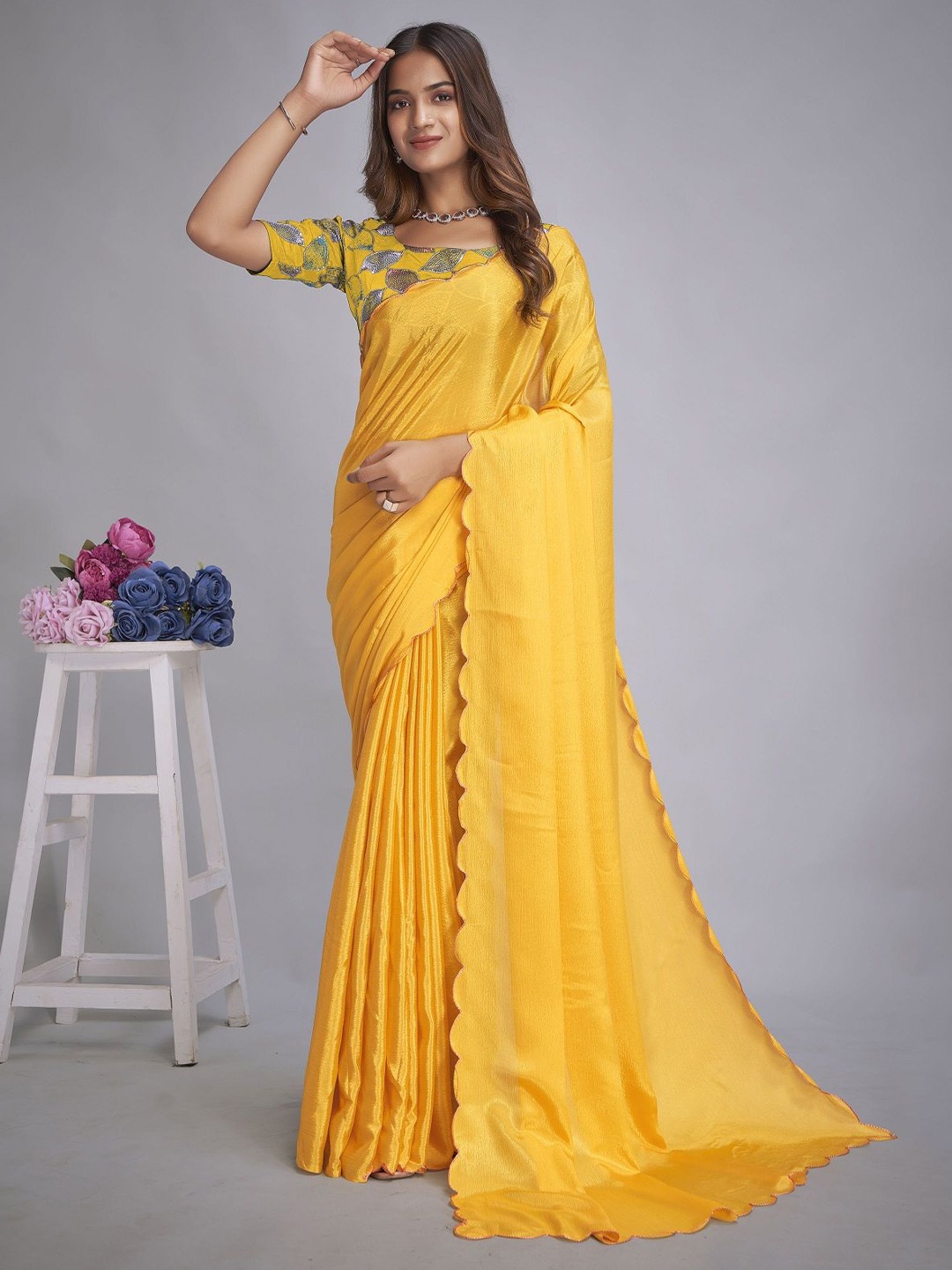 

LADY SHOPI Embroidered Pure Chiffon Saree, Yellow