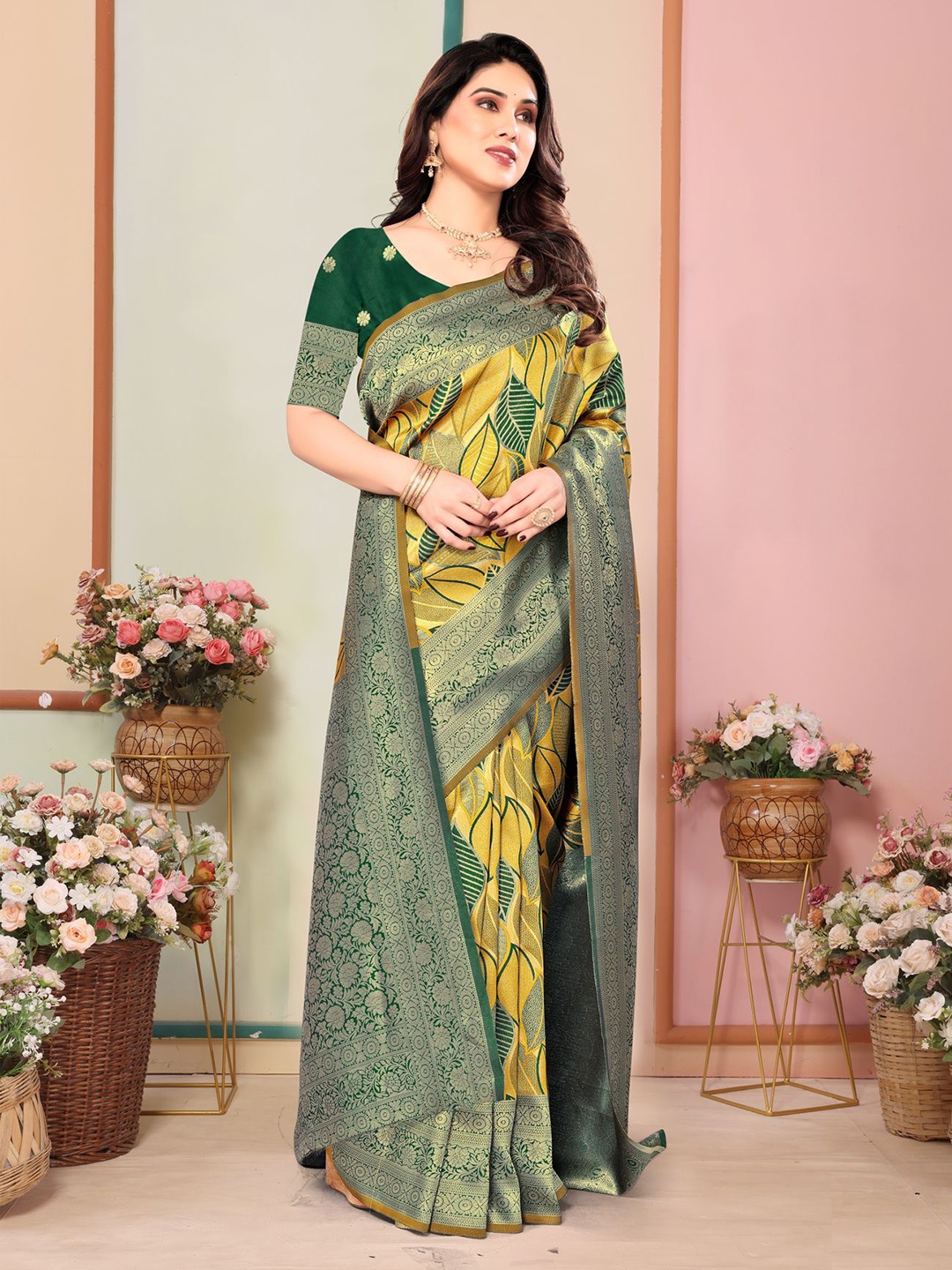 

Om Shantam Sarees Woven Design Kanjeevaram Saree, Gold