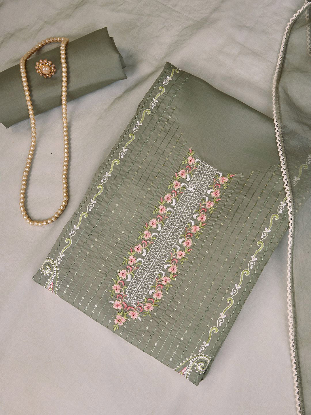 

Inddus Floral Sequinned Embroidered Unstitched Dress Material, Green