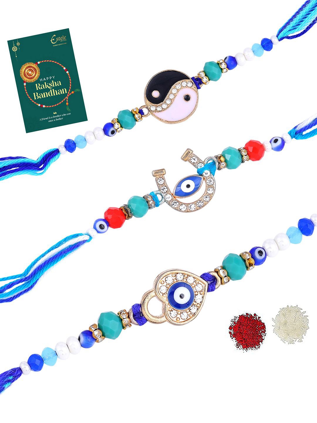 

Estele Set of 3 Stones Studded & Beaded Evil Eye Thread Rakhis, Gold