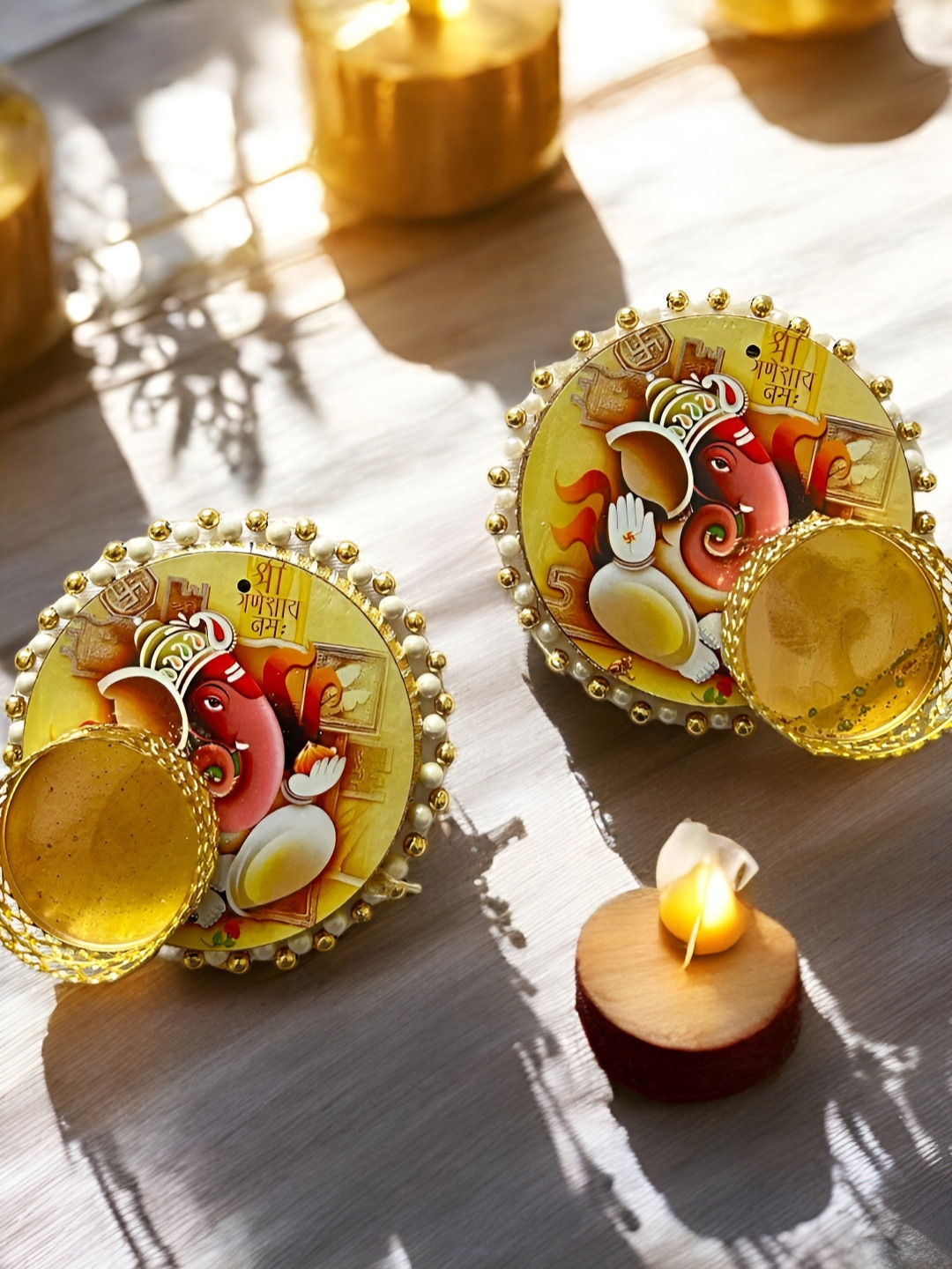 

PLAYFUL STITCHES Yellow & Red 2 Pieces Printed Wooden Tea Light Candle Holder