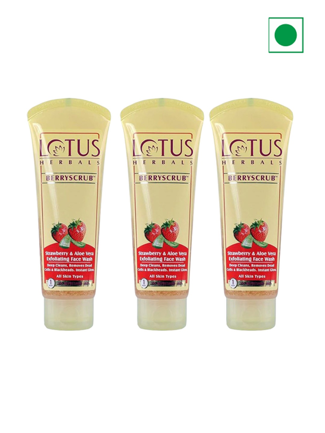 

Lotus Herbals Set Of 3 Berryscrub Strawberry & Aloe Vera Exfoliating Face Wash-120g Each, Cream