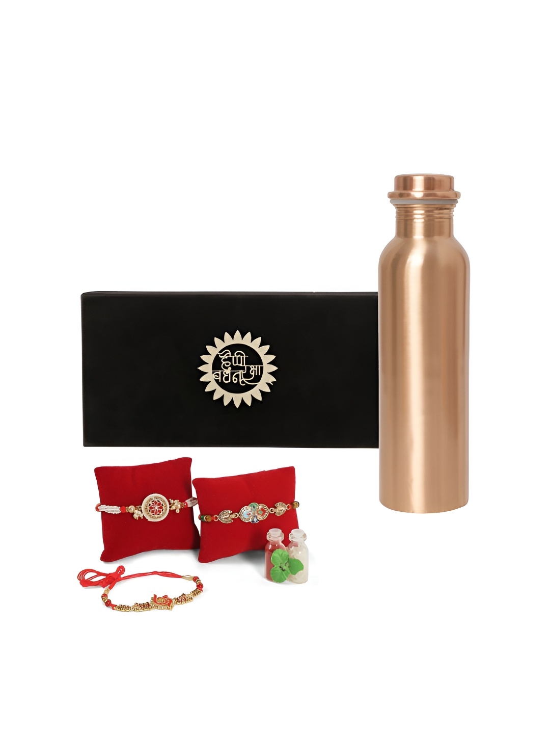 

INTERNATIONAL GIFT Set Of 4 Beaded Rakhis With Water Bottle & Roli Chawal, Copper