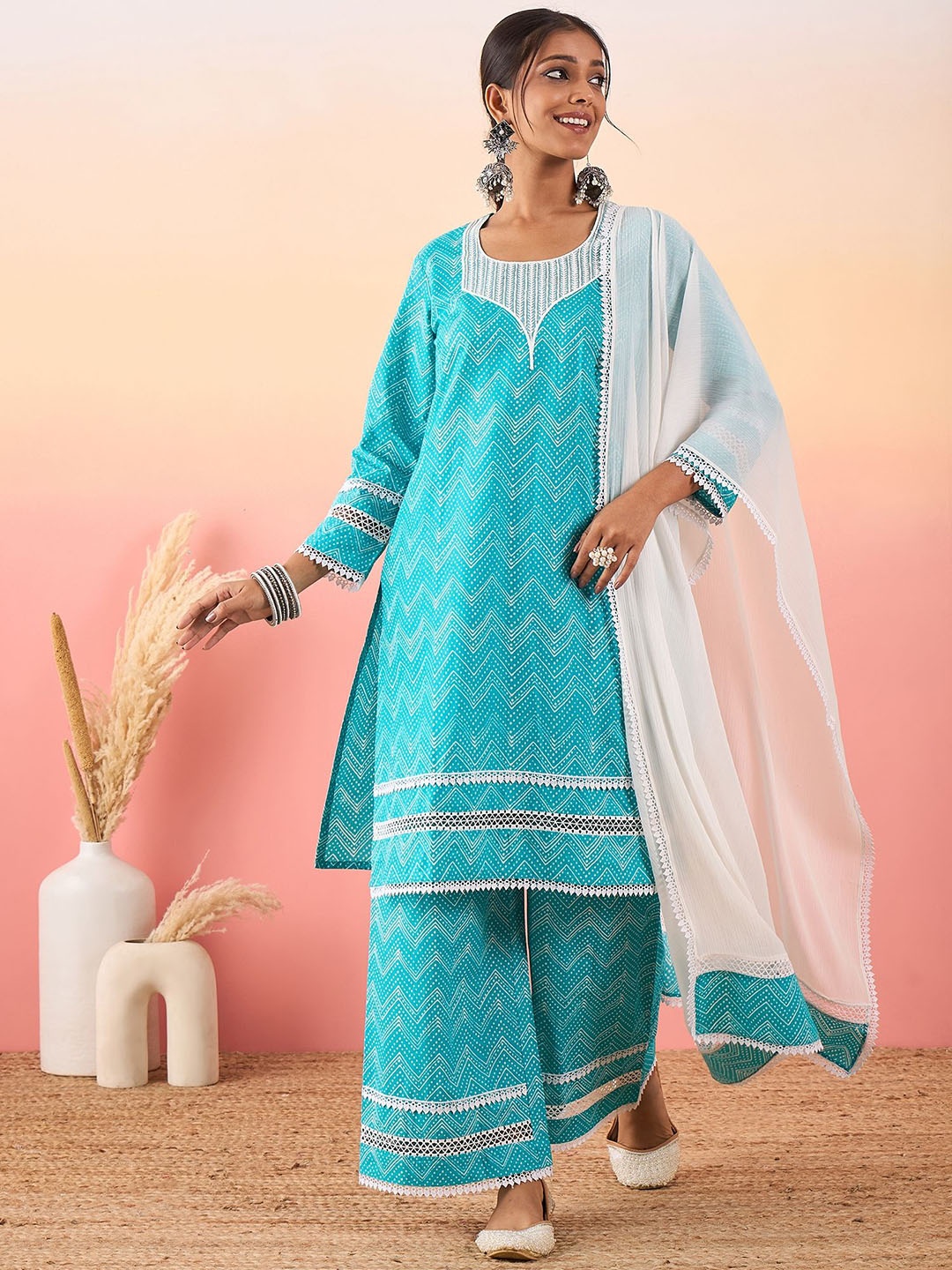 

Madhuni Printed Pure Cotton Kurta with Palazzos & Dupatta, Blue