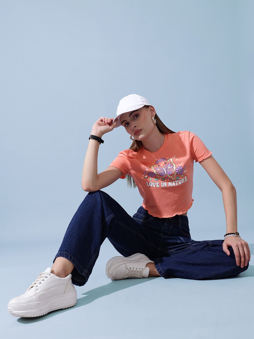 

STREET 9 Women Graphic Printed Round Neck Cotton Top, Peach