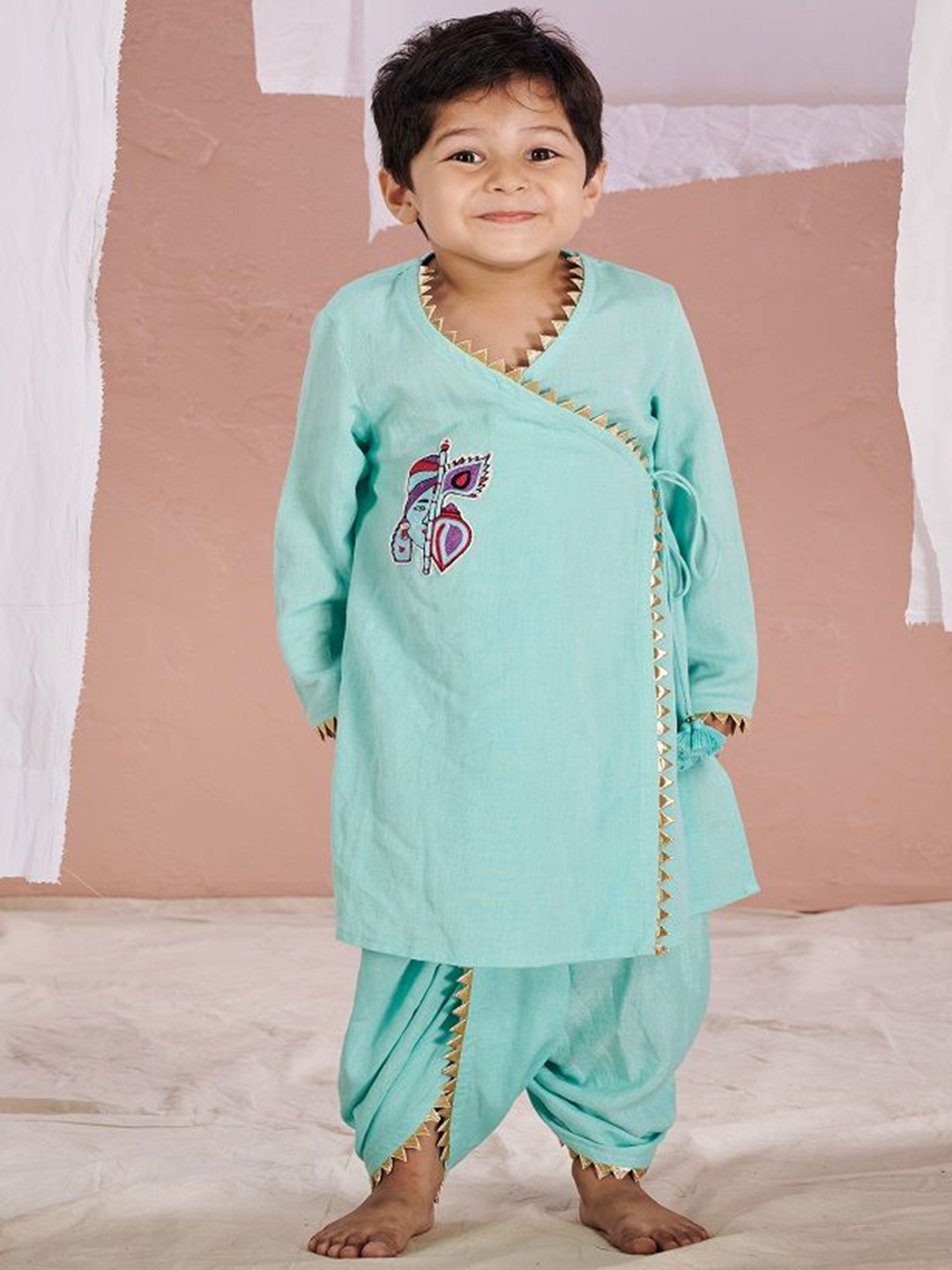 

Vivedkids Boys Ethnic Motifs Embroidered Angrakha Gotta Patti Linen Kurta With Dhoti Pants, Blue