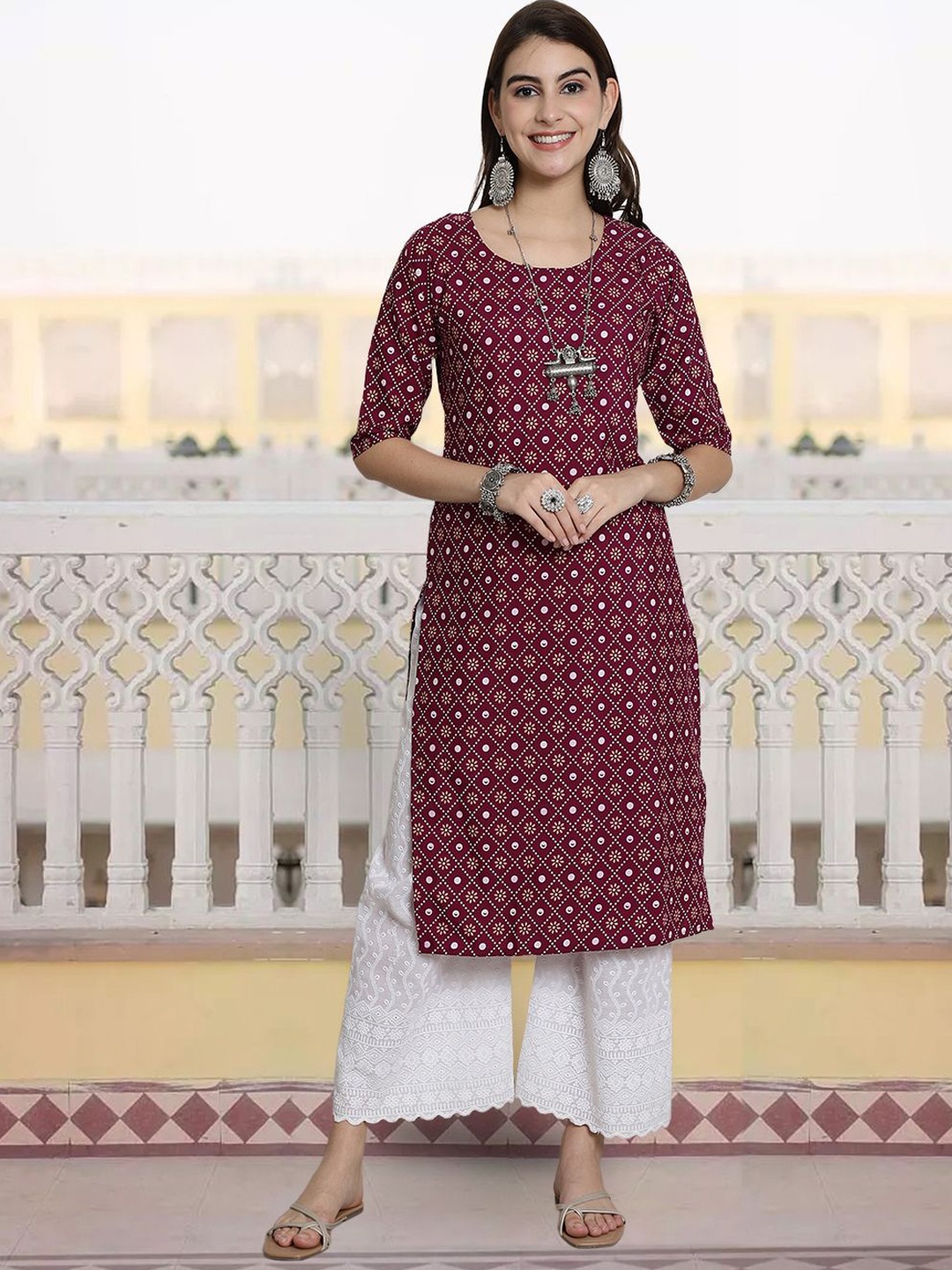 

KALINI Ethnic Motifs Printed Round Neck Crepe Straight Kurta, Maroon