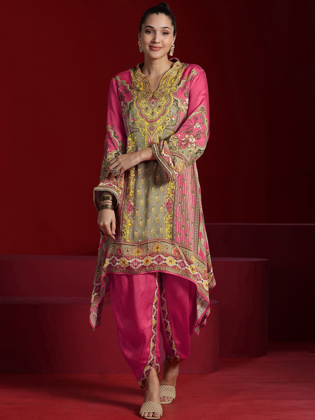 

Libas Art Ethnic Motifs Printed Kaftan Kurta with Dhoti Pants, Coral