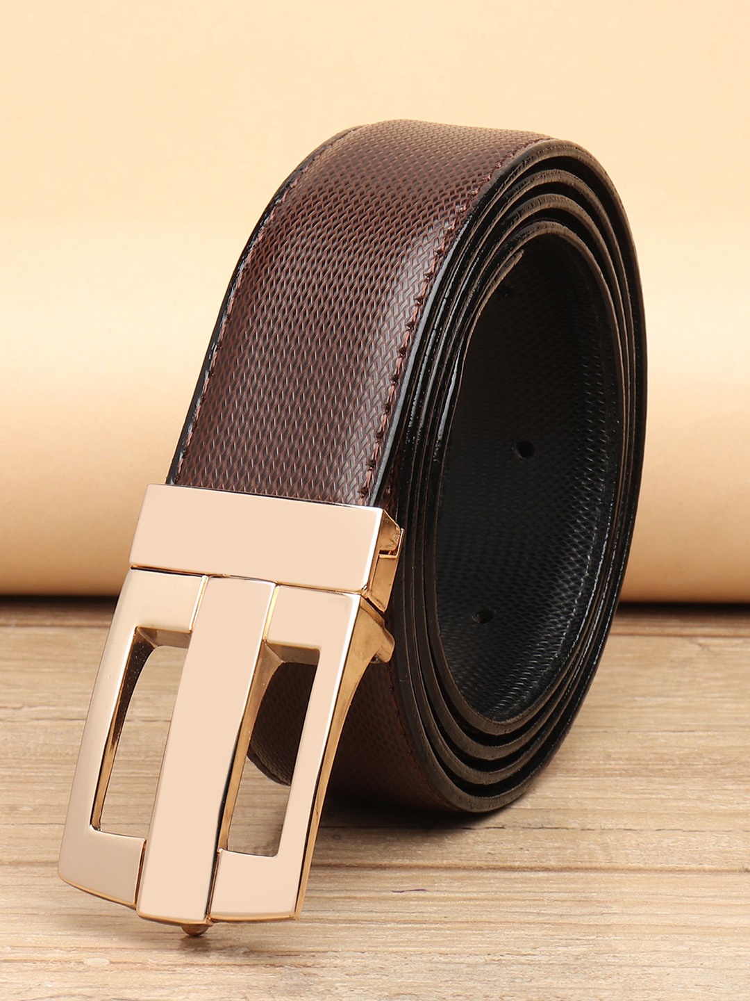 

WINSOME DEAL Men Push Pin Closure Textured Formal Belt, Brown
