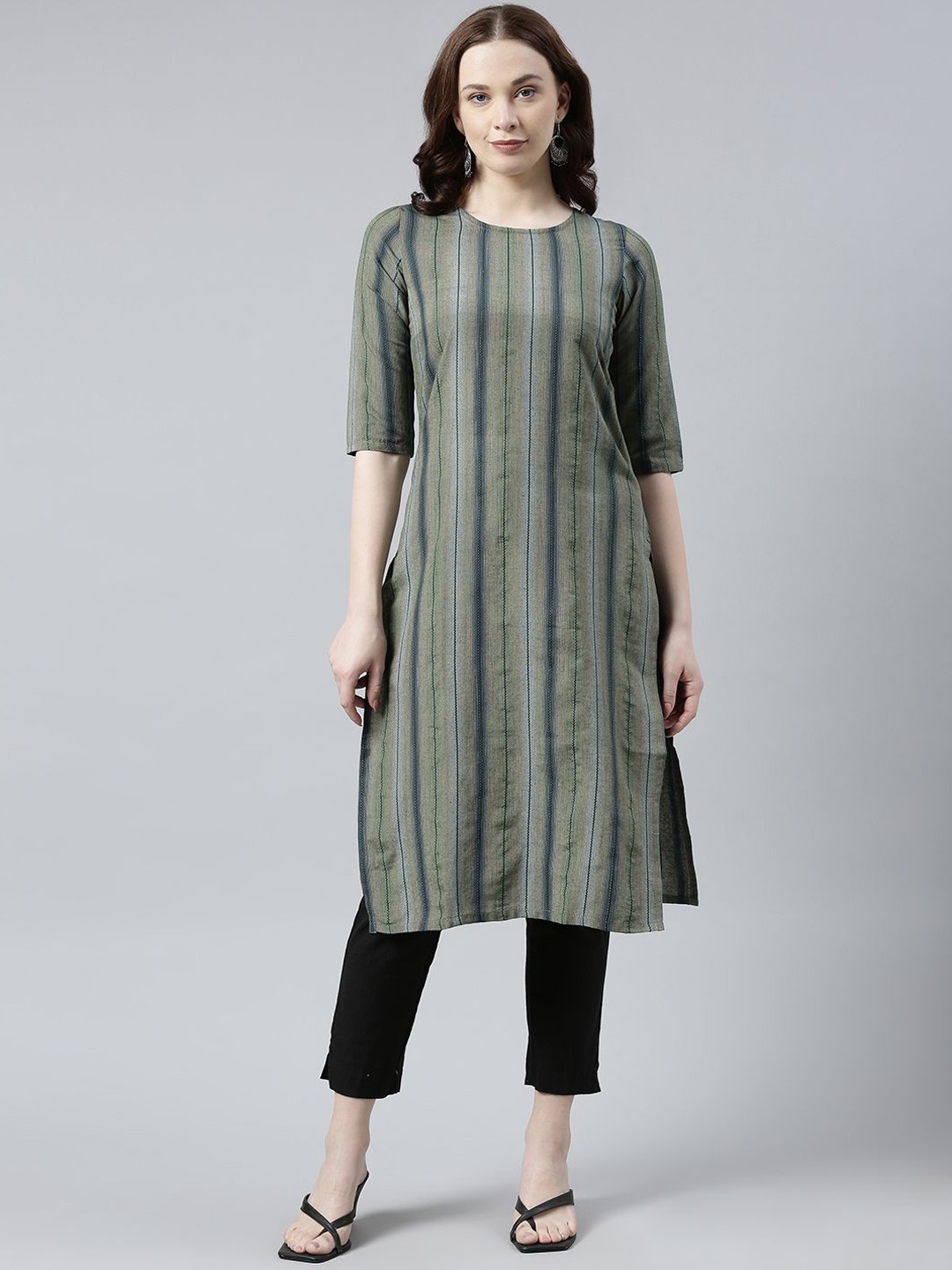 

KALINI Striped Printed Straight Kurta, Green