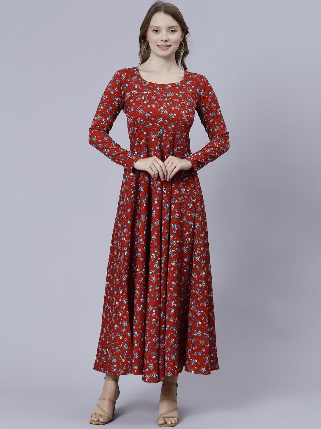 

DHAKRE FASHION Floral Printed Round Neck Anarkali Kurta, Red