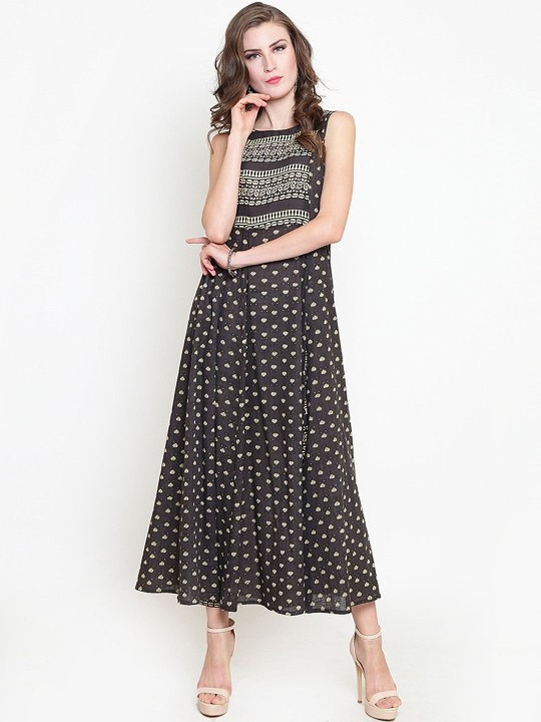 

Sera Ethnic Motifs Printed A-Line Midi Dress, Grey