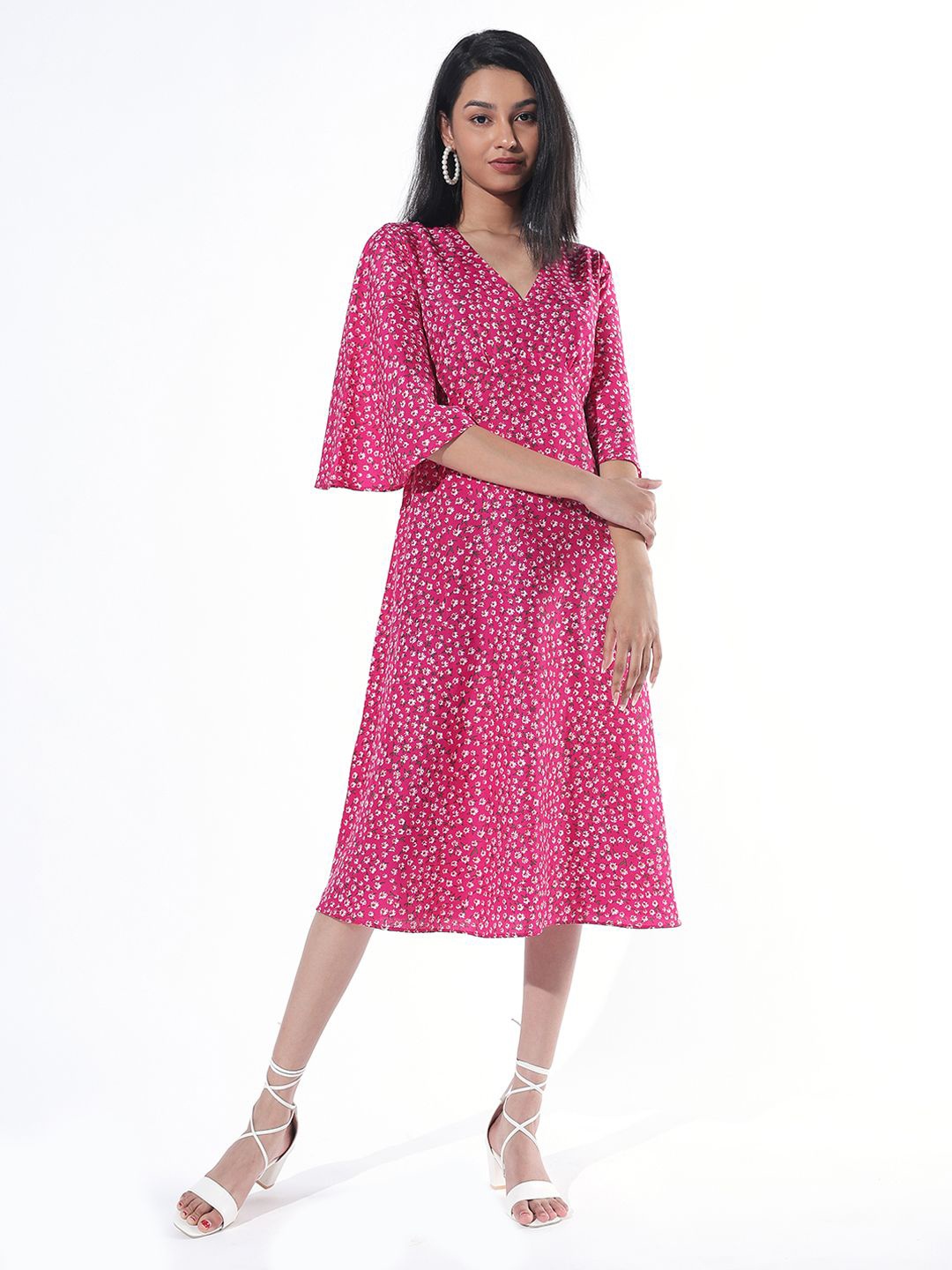 

DEPANO Flared Sleeve Floral A-Line Midi Dress, Pink