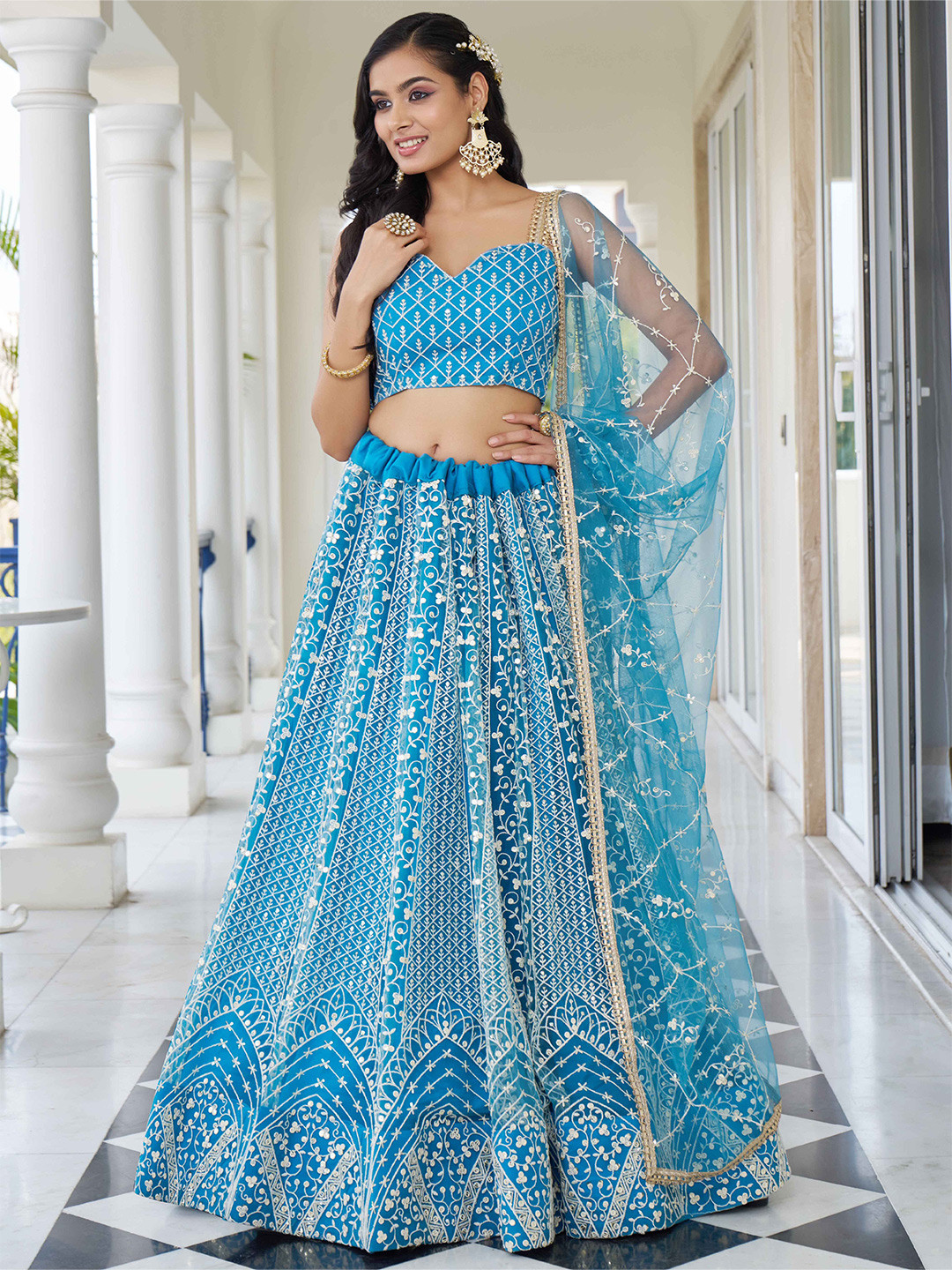 

FABPIXEL Embroidered Sequinned Semi-Stitched Lehenga & Unstitched Blouse With Dupatta, Blue