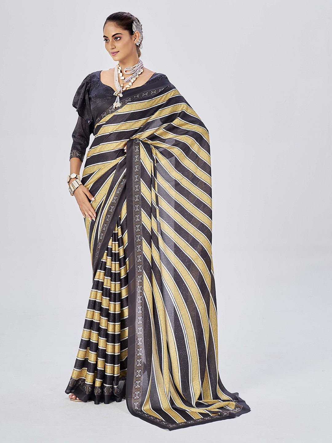 

Ethnielle Printed Sequinned Striped Satin Saree, Black