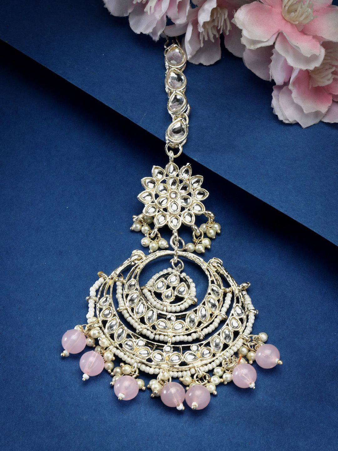 

ZENEME 18KT Gold Plated Kundan Studded & Pearls Maang Tikka