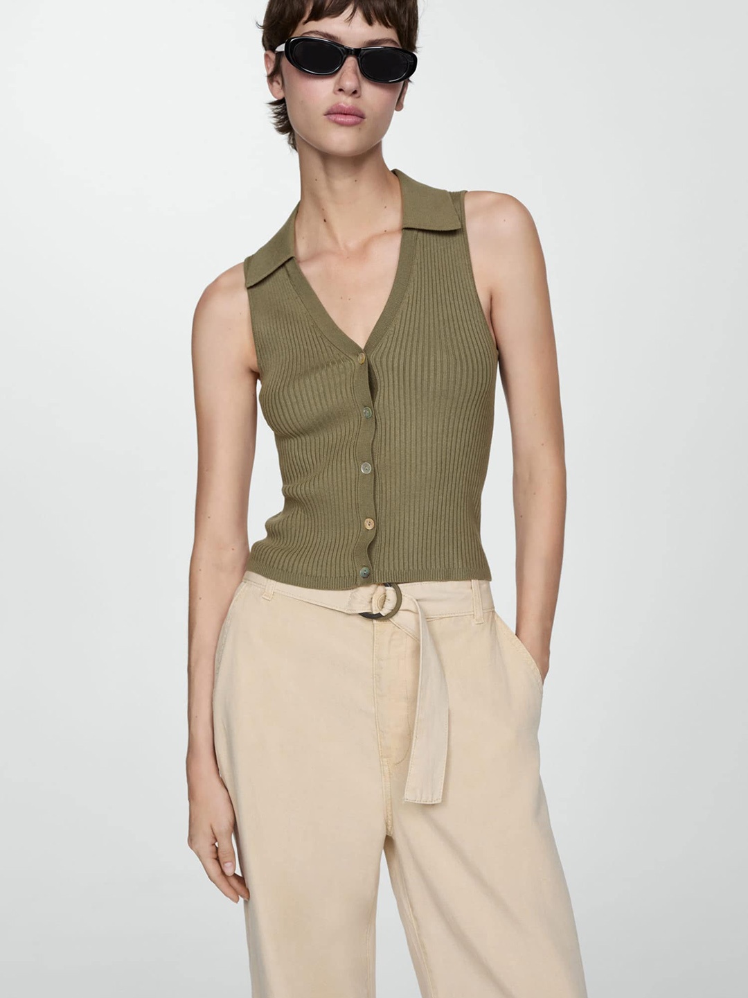 

MANGO Ribbed Shirt Style Top, Olive