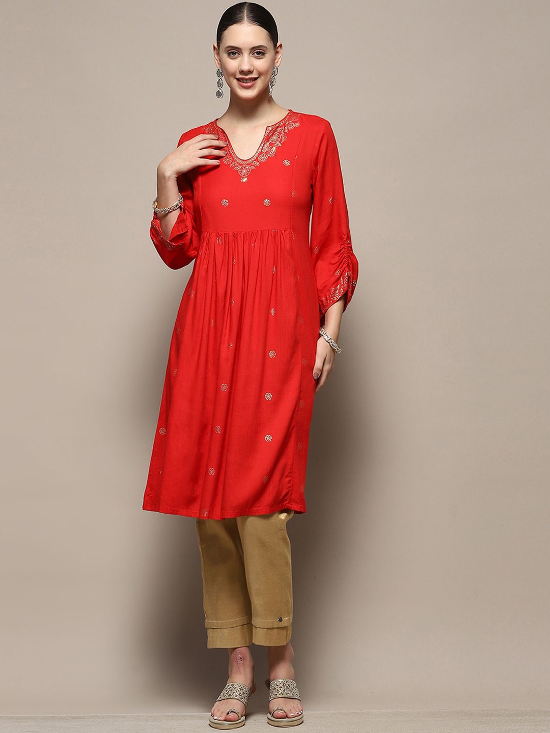 

Biba Floral Printed Sweetheart Neck Sequinned Silk A-Line Kurta, Red