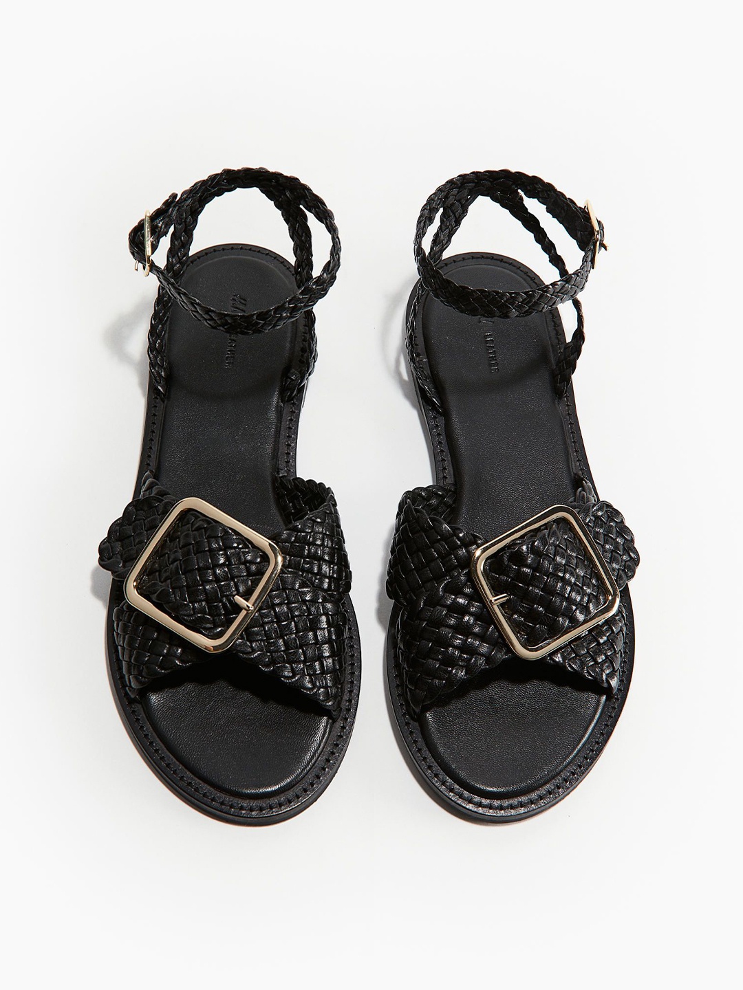 

H&M Braided Buckle Detail Leather Sandals, Black