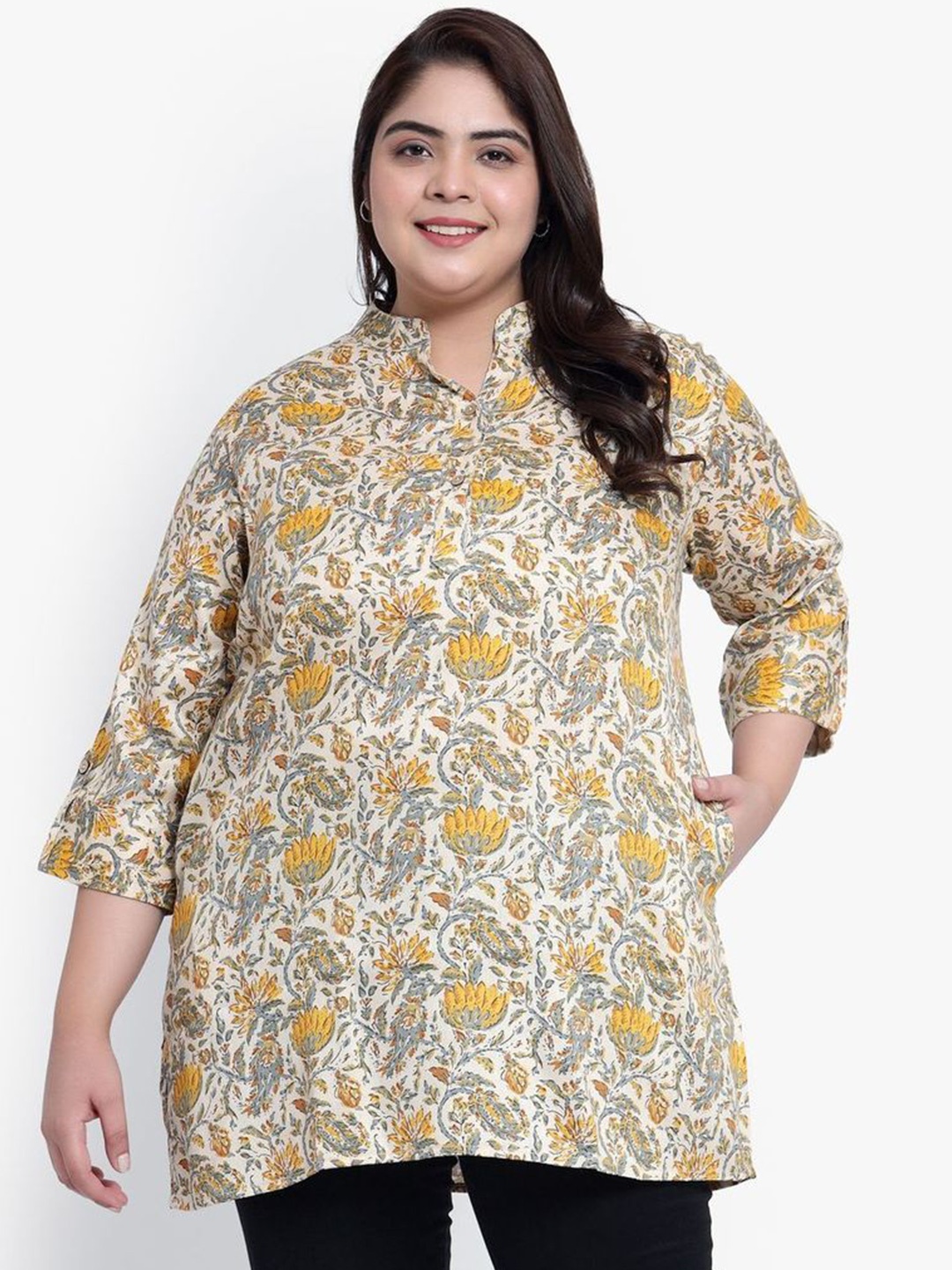 

Indietoga Women Plus Size Floral Printed Mandarin Collar Cotton Top, Yellow