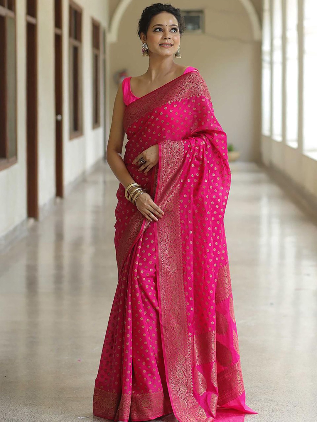 

Anjaneya Sarees Woven Design Zari Silk Blend Banarasi Saree, Pink