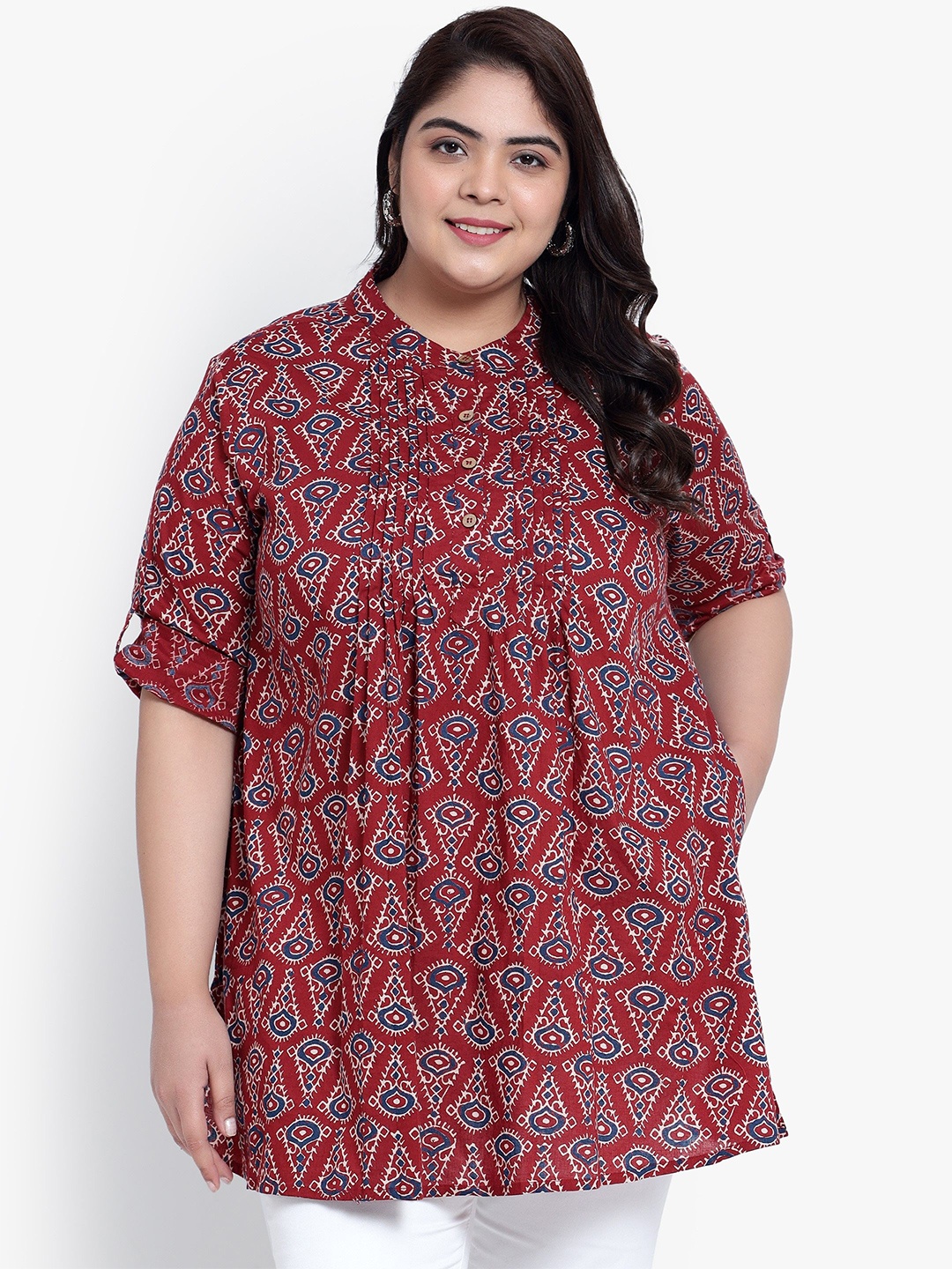 

Indietoga Women Plus Size Abstract Printed Mandarin Collar Cotton Top, Red