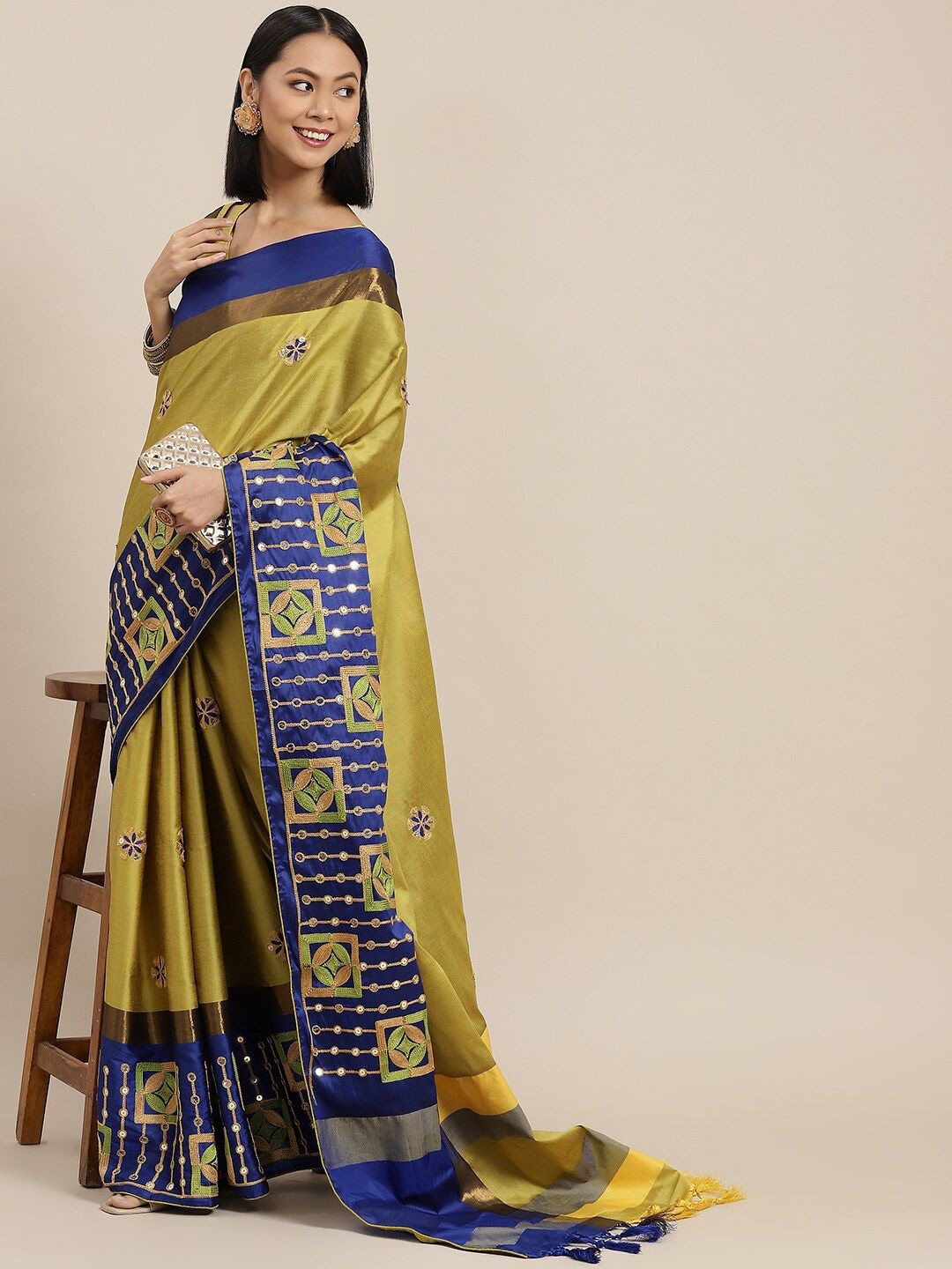 

KALINI Floral Embroidered Silk Cotton Saree, Yellow