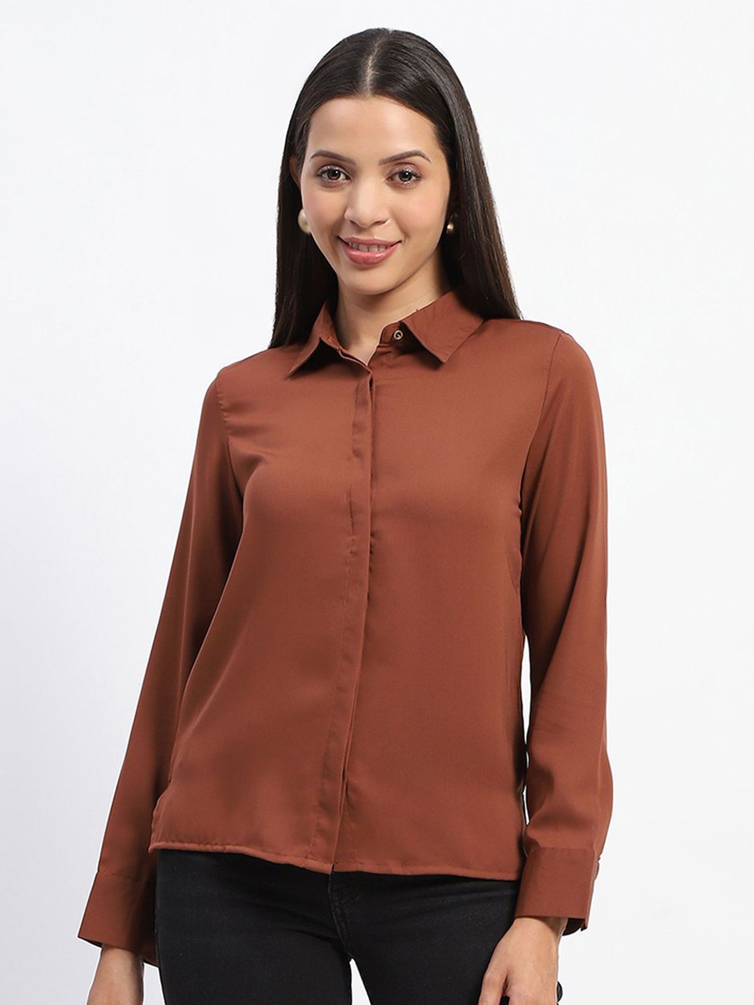 

Madame Women Spread Collar Solid Casual Shirt, Coffee brown