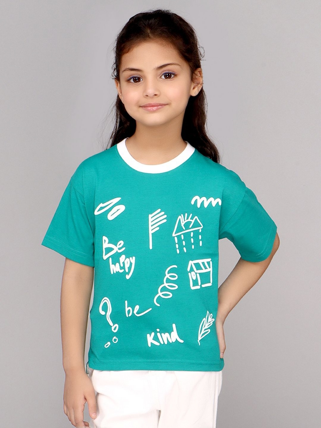 

DDOUDDOU Girls Graphic Printed Round Neck Cotton T-Shirt, Green