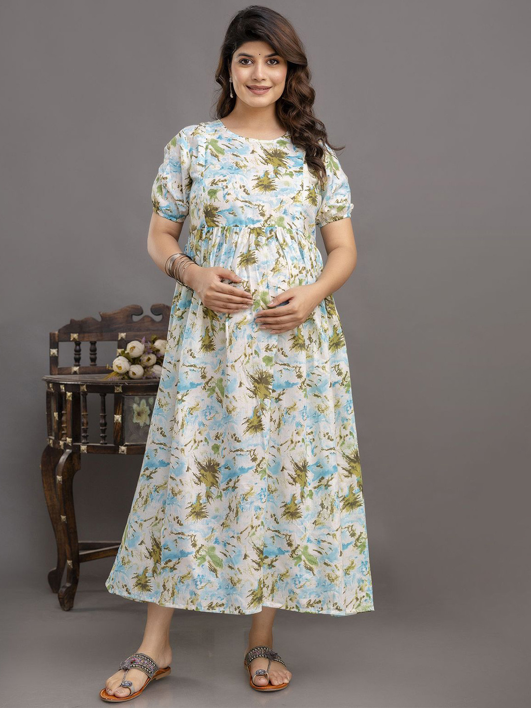 

Nayo Floral Printed Maternity Maxi Dress, Off white