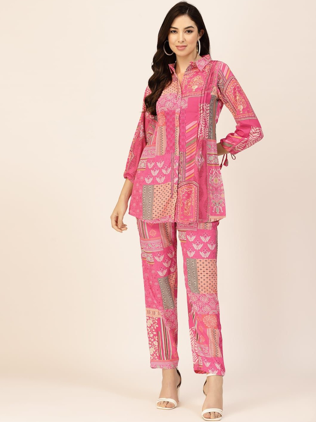 

TANKHI Floral Printed Shirt Collar Shirt With Trouser, Pink