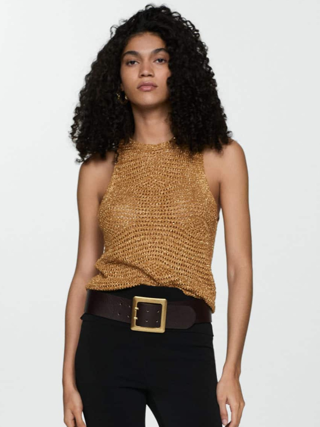 

MANGO Openwork Knitted Lurex Top, Gold