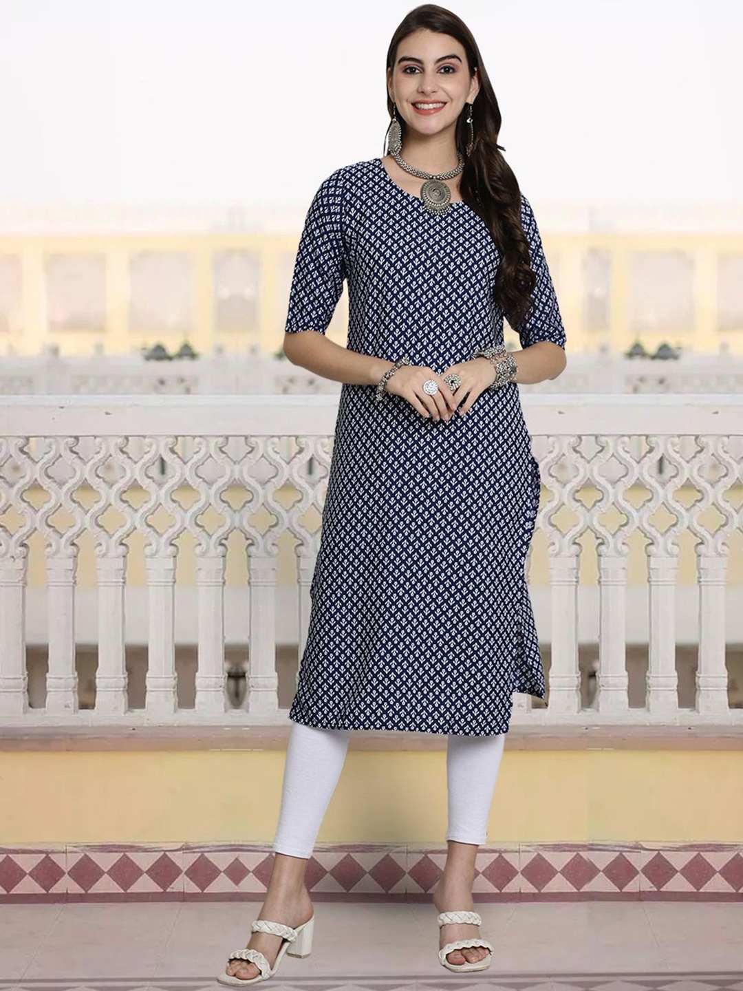 

KALINI Floral Printed Round Neck Crepe Straight Kurta, Navy blue