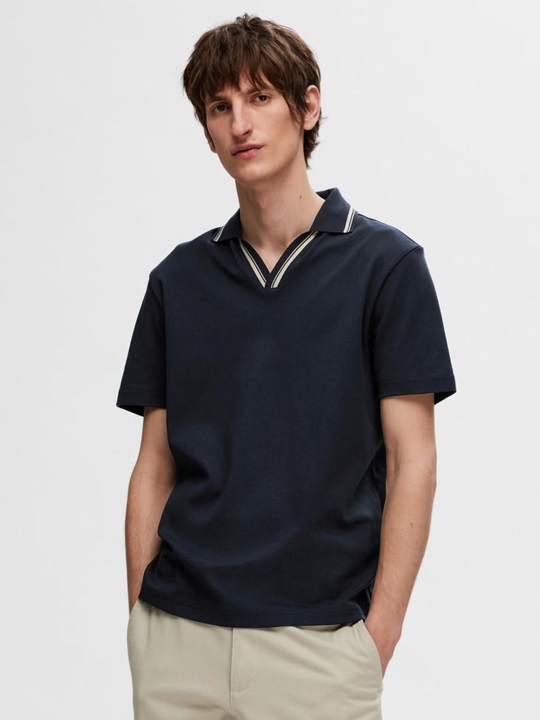 

SELECTED Men Solid Polo Collar Cotton T-Shirt, Blue