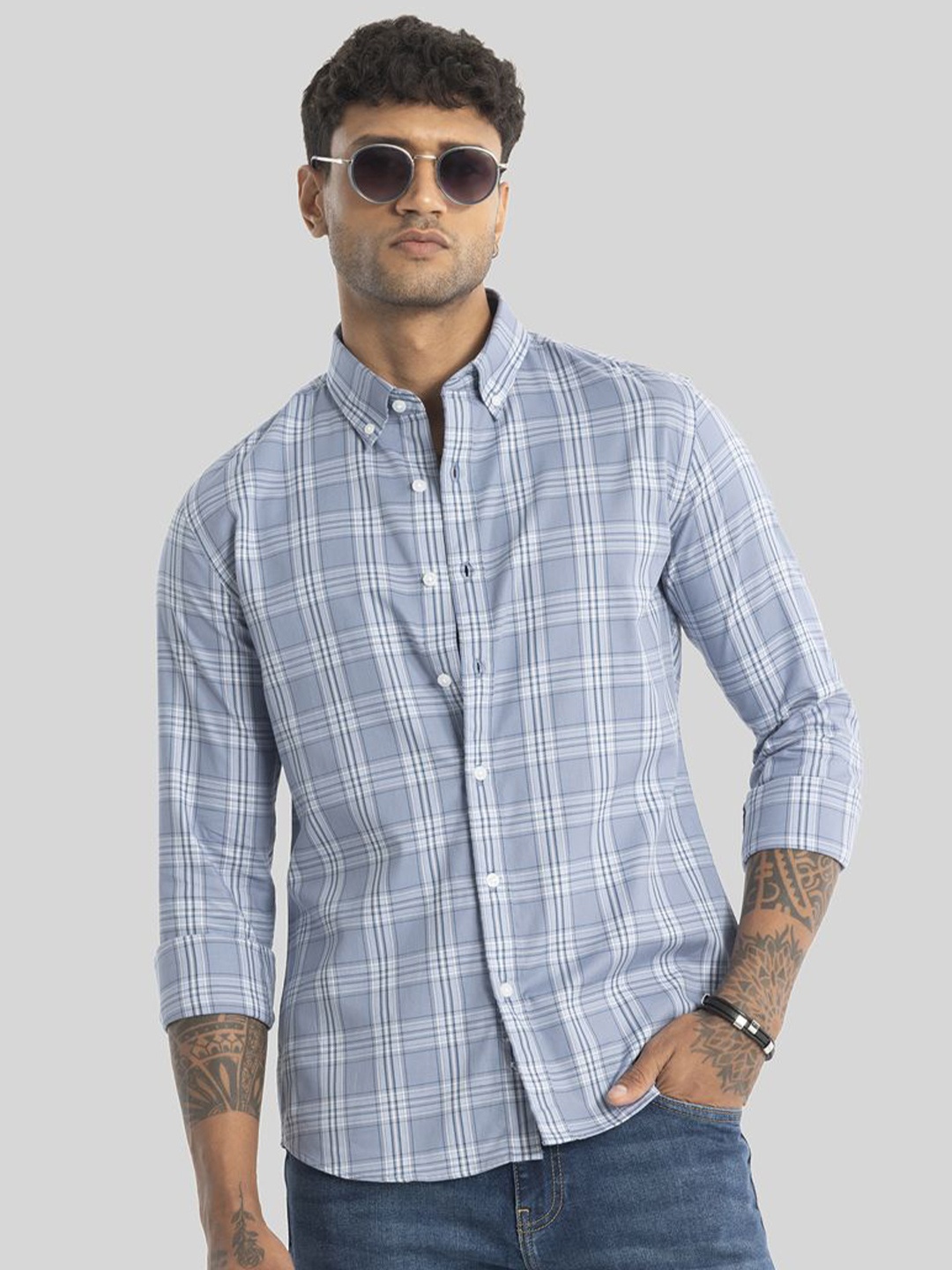 

Snitch Men Smart Slim Fit Opaque Checked Casual Pure Cotton Shirt, Blue