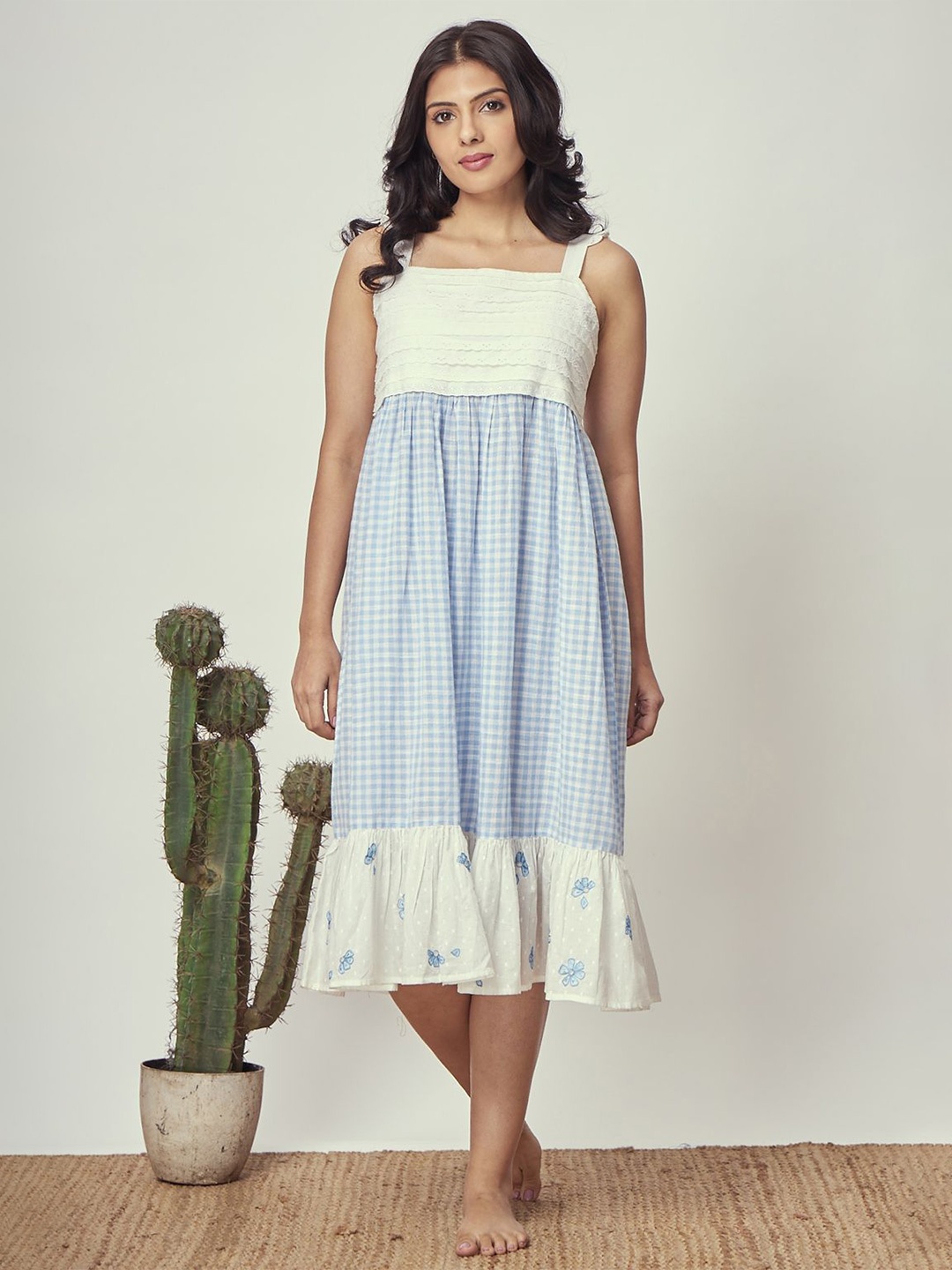 

July Checked Embroidered Midi Nightdress, Blue