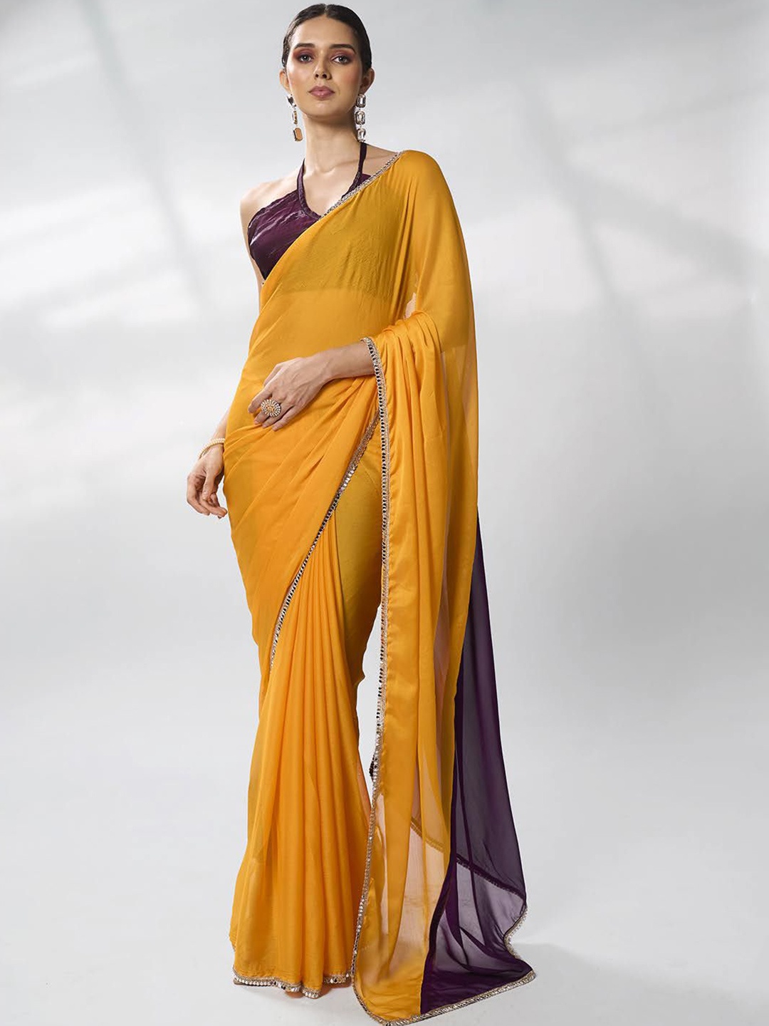 

Mitera Colourblocked Mirror Work Pure Chiffon Saree, Mustard