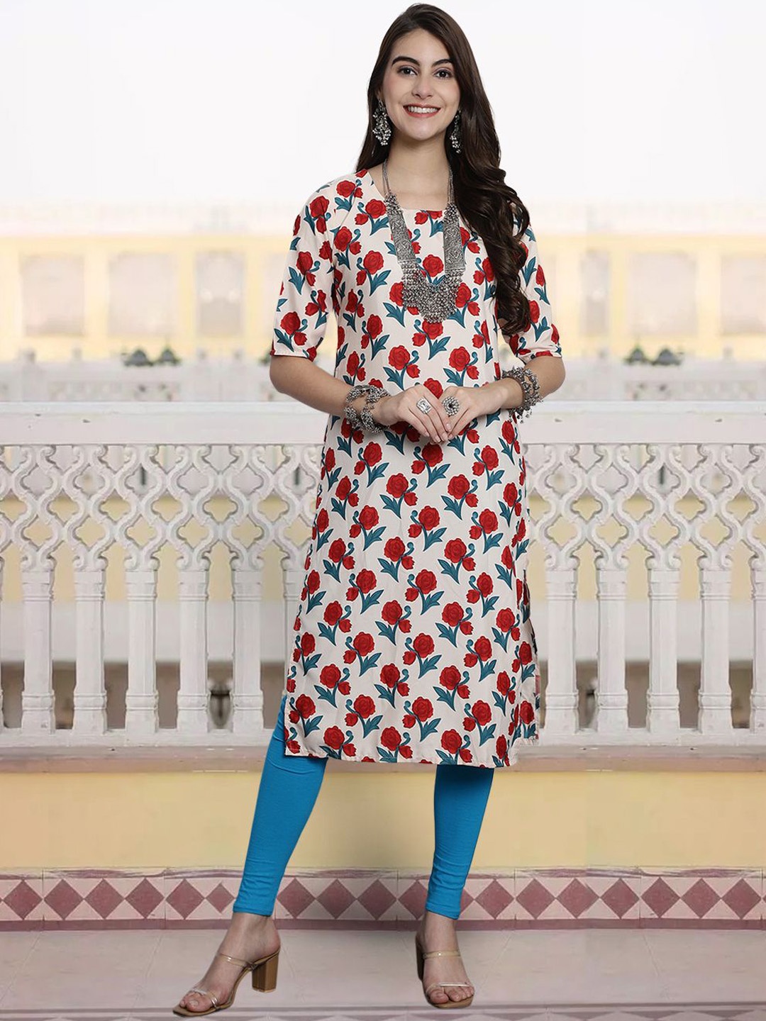 

KALINI Floral Printed Round Neck Crepe Straight Kurta, White
