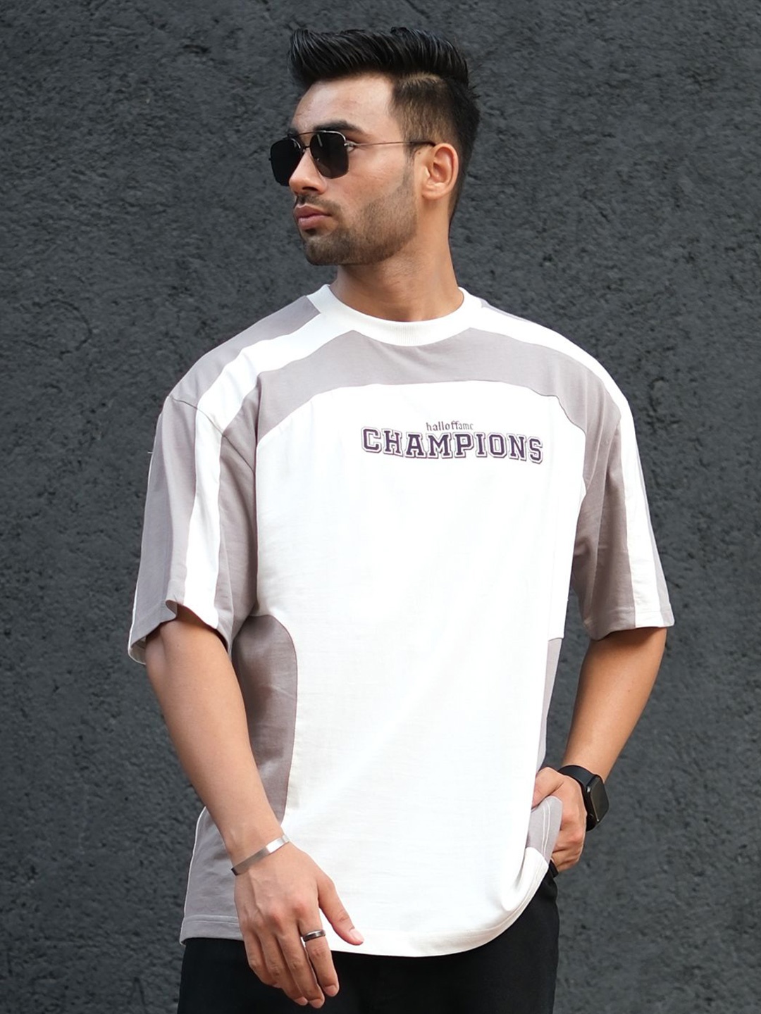 

Powerlook Men Typography Printed Round Neck Cotton Oversized T-Shirt, White