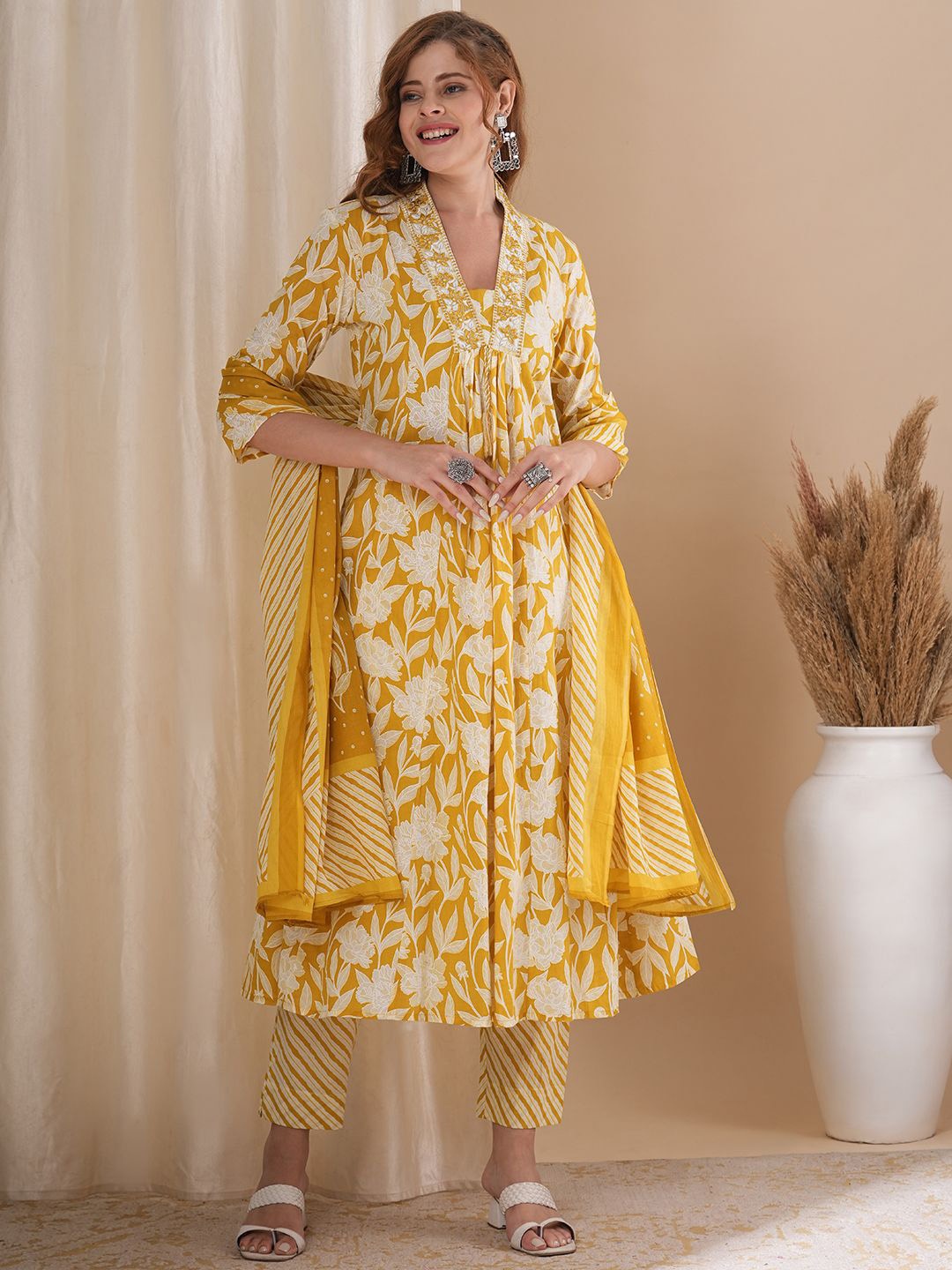 

FASHOR Floral Printed Panelled Mirror Work Pure Cotton Kurta With Trousers & Dupatta, Mustard