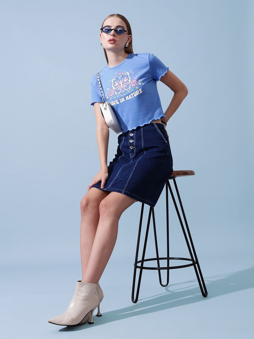 

STREET 9 Women Graphic Printed Round Neck Cotton Top, Blue