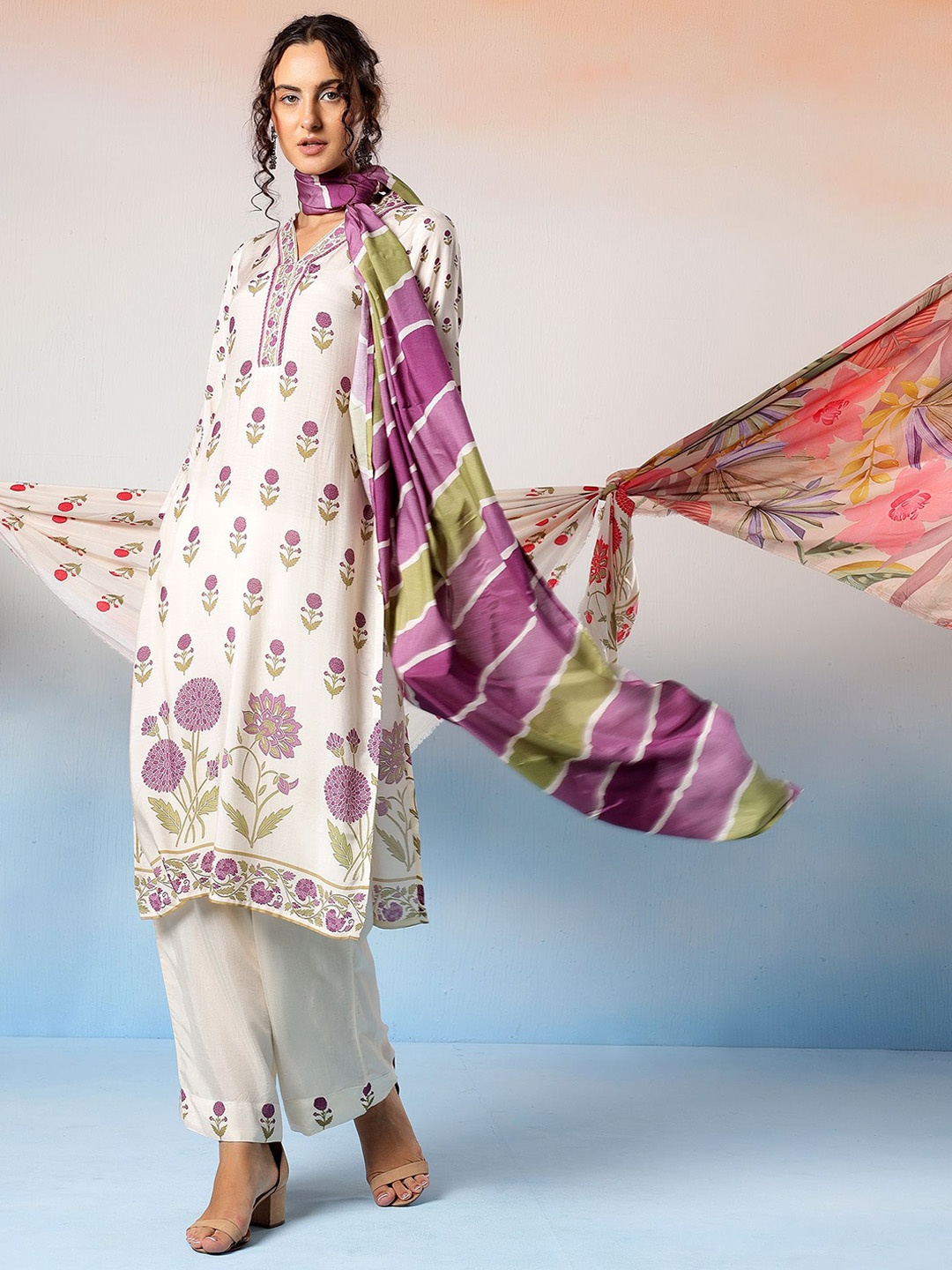 

Bani Women Floral Printed Pure Silk Pakistani Style Kurta With Palazzos & Dupatta, Purple