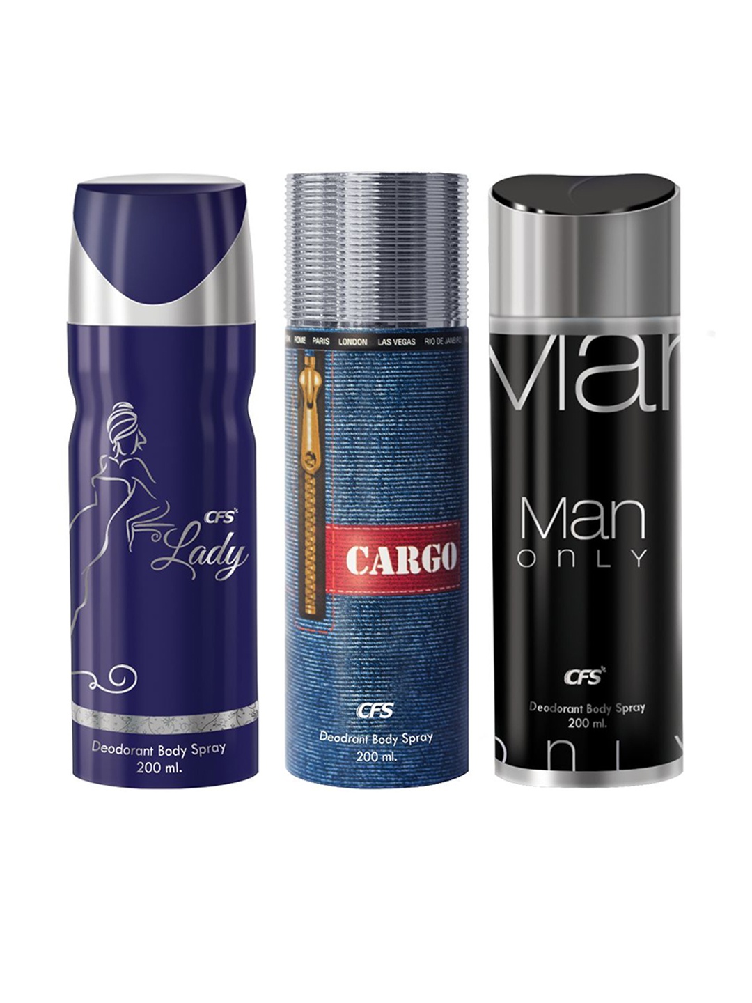 

CFS Set Of 3 Fine Fragrances Deodorant Body Spray- Lady- Cargo- Man Only- 200ML Each, Black