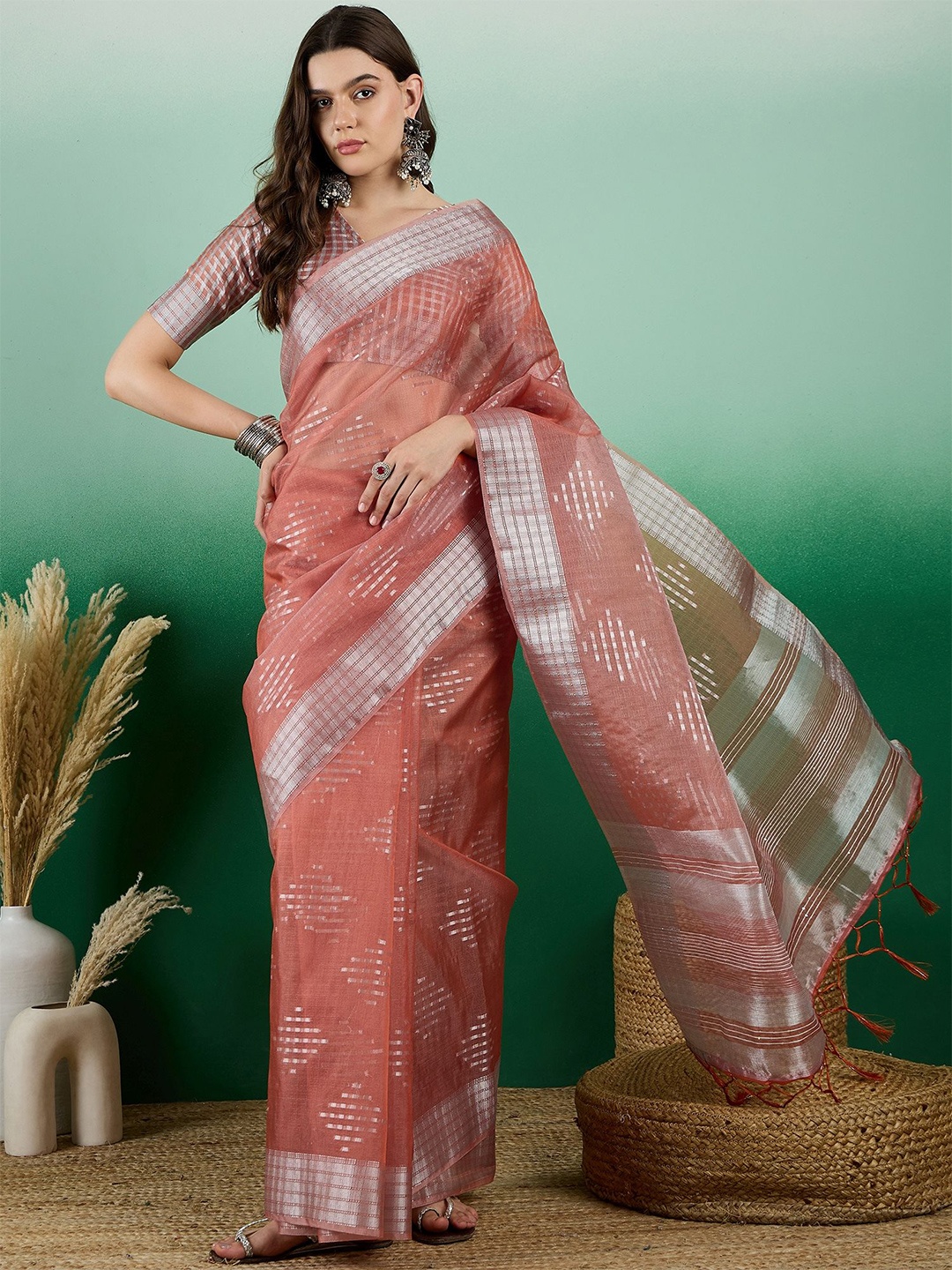 

SHADOW & SAINING Woven Design Zari Organza Banarasi Saree, Orange