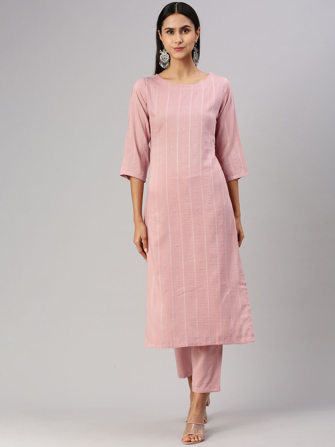 

KALINI Striped Round Neck Straight Kurta With Trousers, Pink