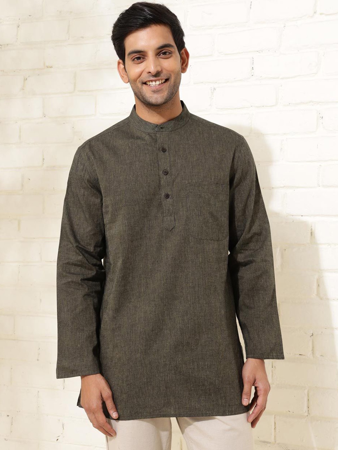 

Fabindia Comfort Fit Band Collar Pure Cotton Straight Kurta, Olive