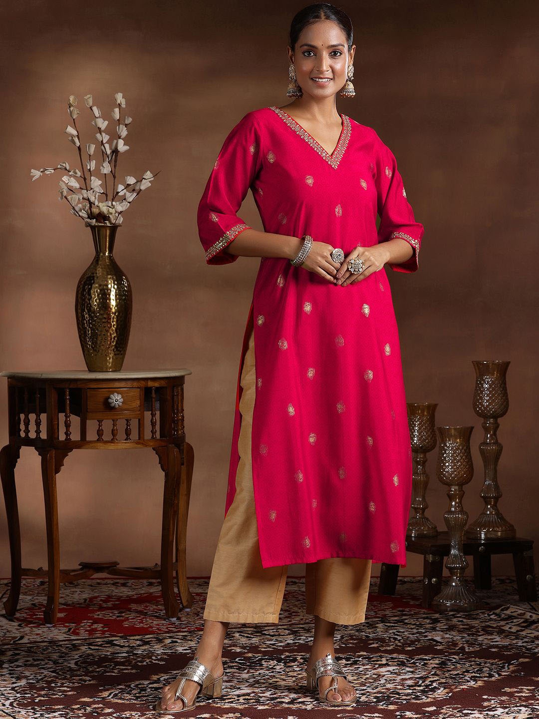 

Libas Ethnic Motifs Embroidered V-Neck Zari Pure Silk Straight Kurta, Red