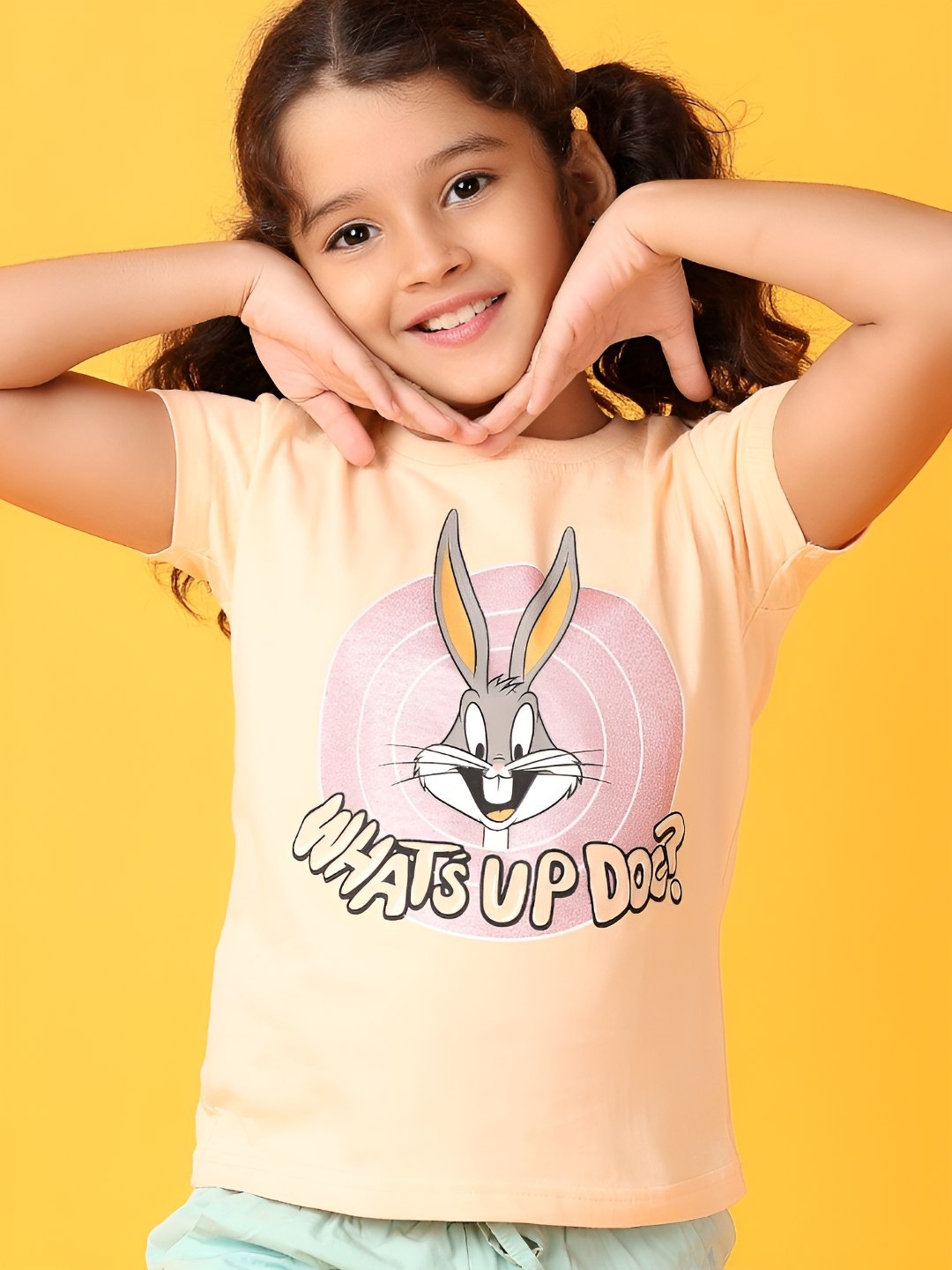 

V-Mart Girls Graphic Printed Round Neck Cotton T-Shirt, Peach
